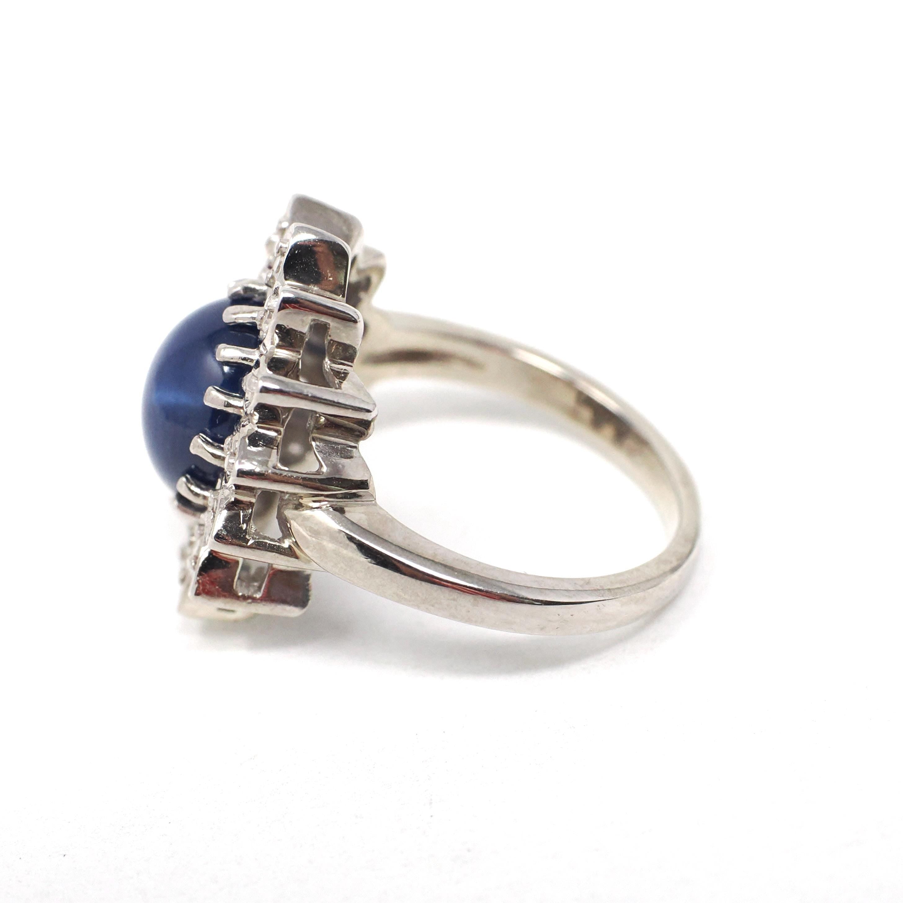 Created Star Sapphire Ring - Mid Century 14k White Gold .68 CT Blue Stone .18 CTW Diamond Halo - Circa 1950s Size 4 3/4 Fine Bridal Jewelry