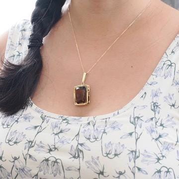 Smoky Quartz Necklace - Estate 14k Yellow Gold Natural Brown Emerald Cut 27.57 CT Gemstone Pendant - Circa 1990s Era Statement Fine Jewelry
