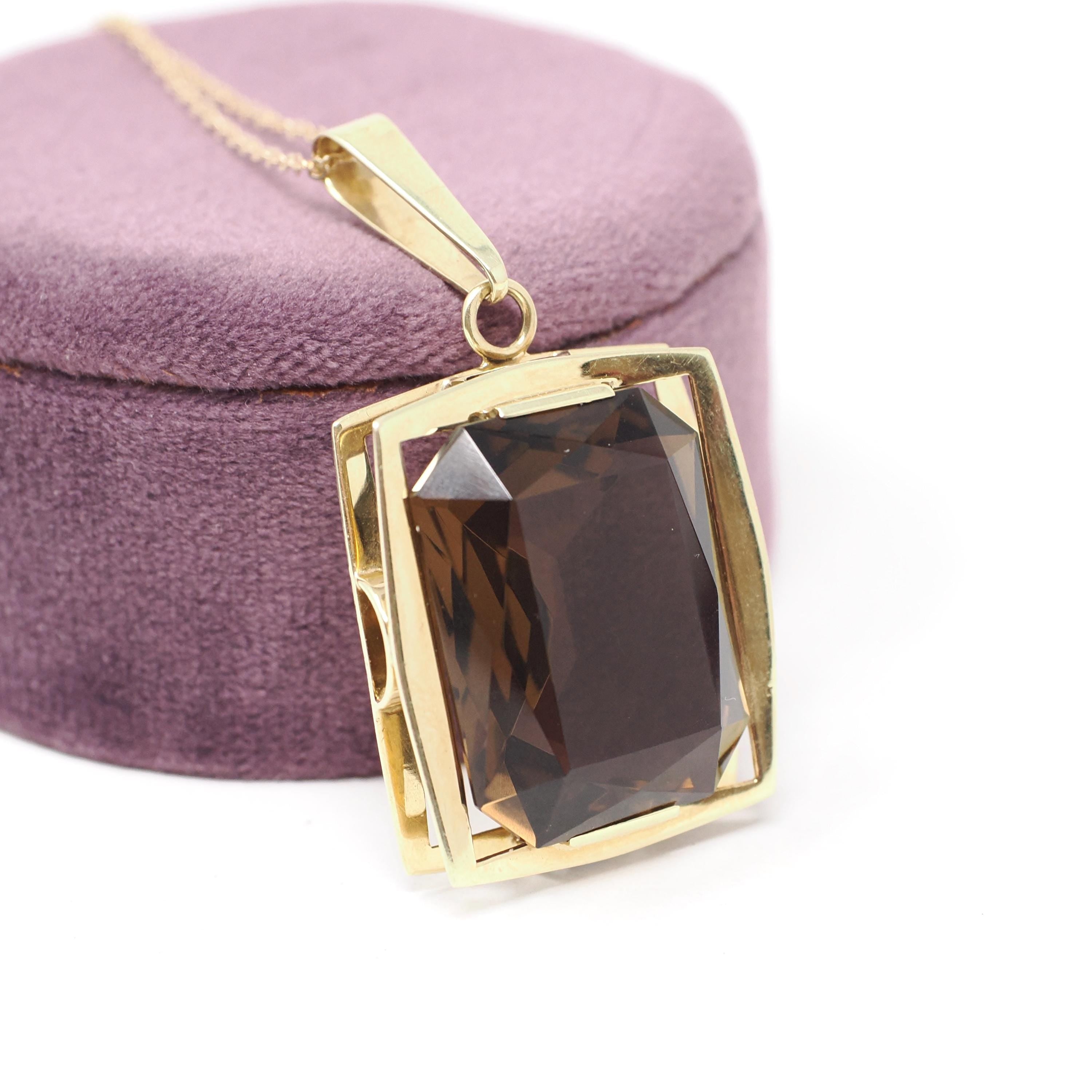 Smoky Quartz Necklace - Estate 14k Yellow Gold Natural Brown Emerald Cut 27.57 CT Gemstone Pendant - Circa 1990s Era Statement Fine Jewelry