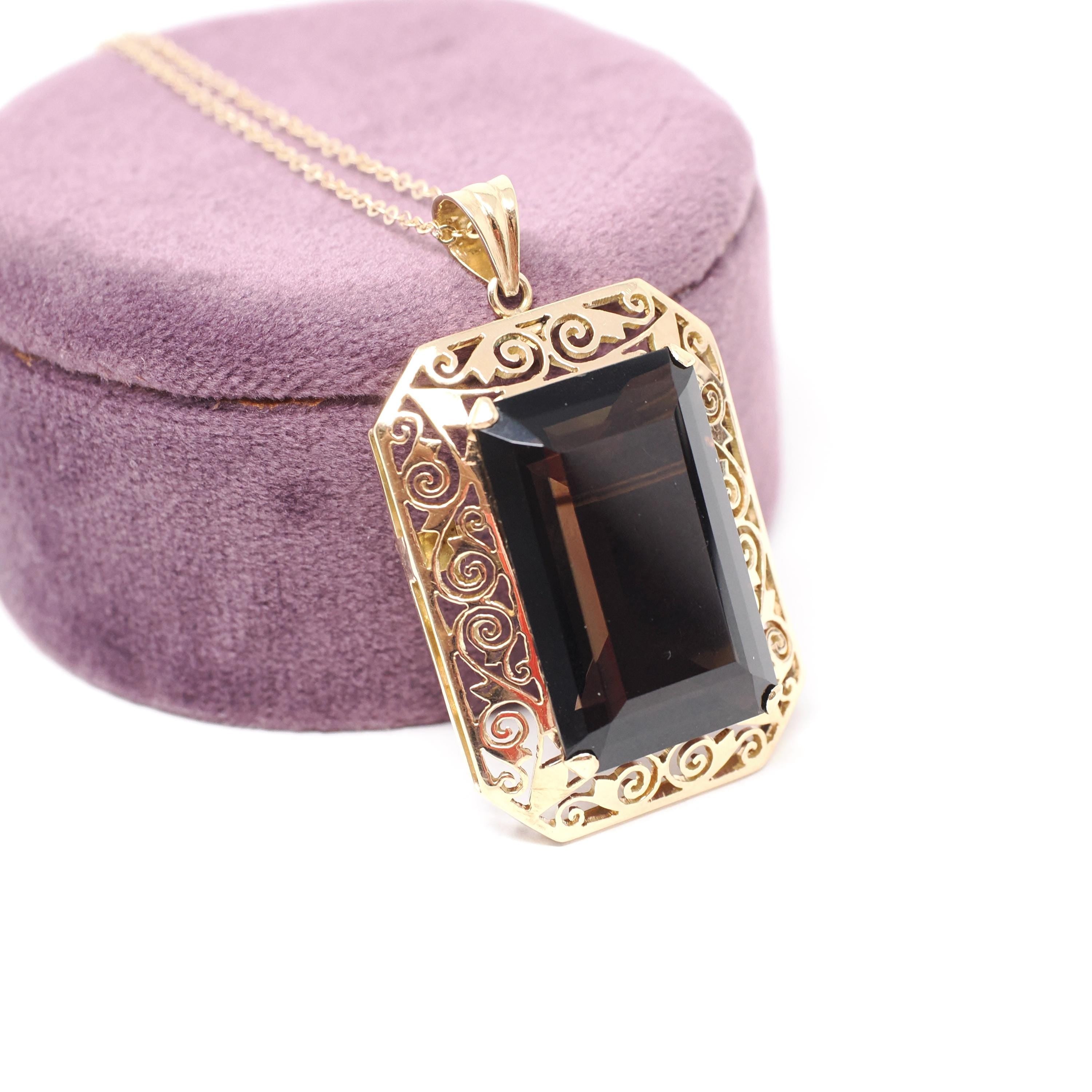 Brooch Conversion Necklace - Retro Era 14k Yellow Gold Natural Brown Smoky Quartz Gemstone Filigree Halo - Circa 1970s Era Fine Jewelry