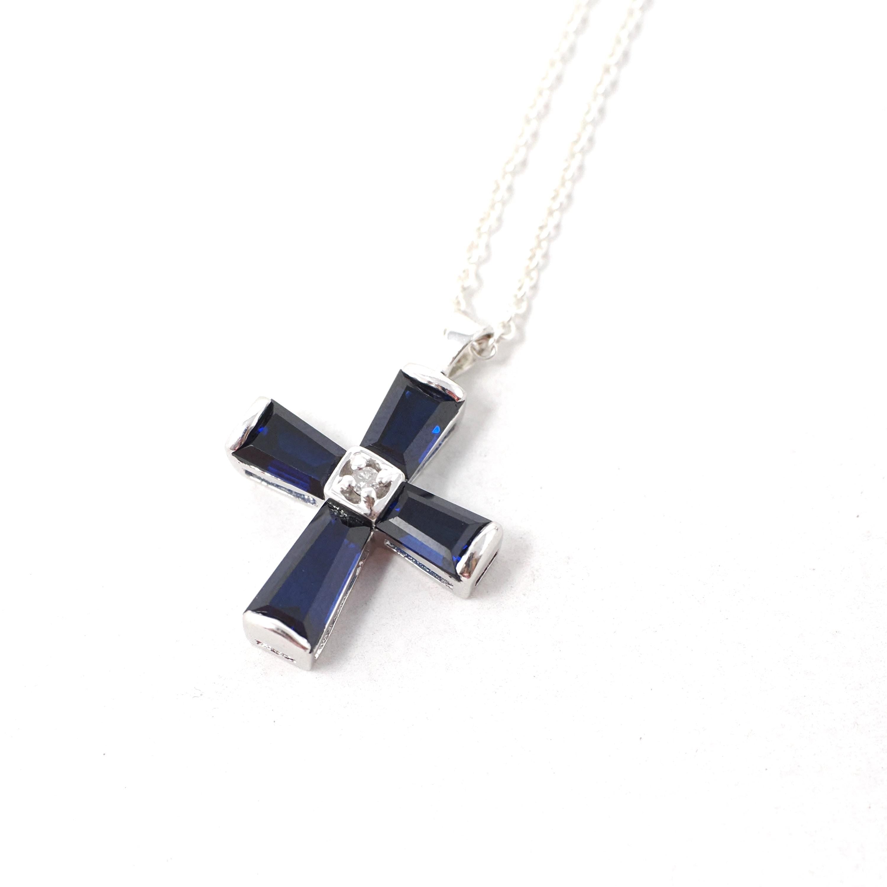 Created Blue Sapphire Cross Necklace - Modern 10k White Gold Diamond Accent Pendant Charm - Circa 2000s Era Religious Faith Fine Jewelry
