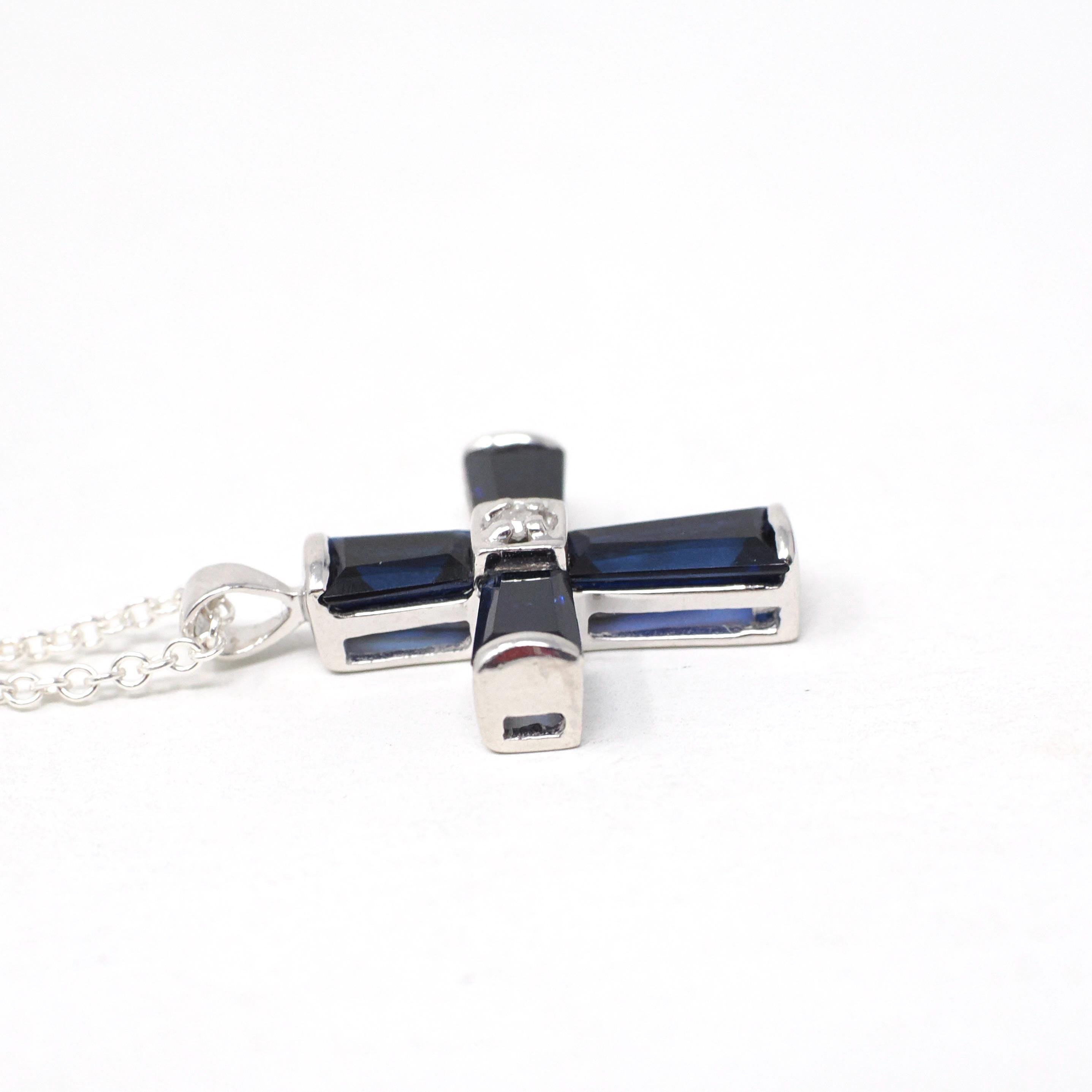 Created Blue Sapphire Cross Necklace - Modern 10k White Gold Diamond Accent Pendant Charm - Circa 2000s Era Religious Faith Fine Jewelry