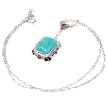 Art Deco Lavalier - Antique 10k White Gold Amazonite Gem & Black Green Red Enamel Charm Necklace - Circa 1920s Era Seed Pearl Fine Jewelry