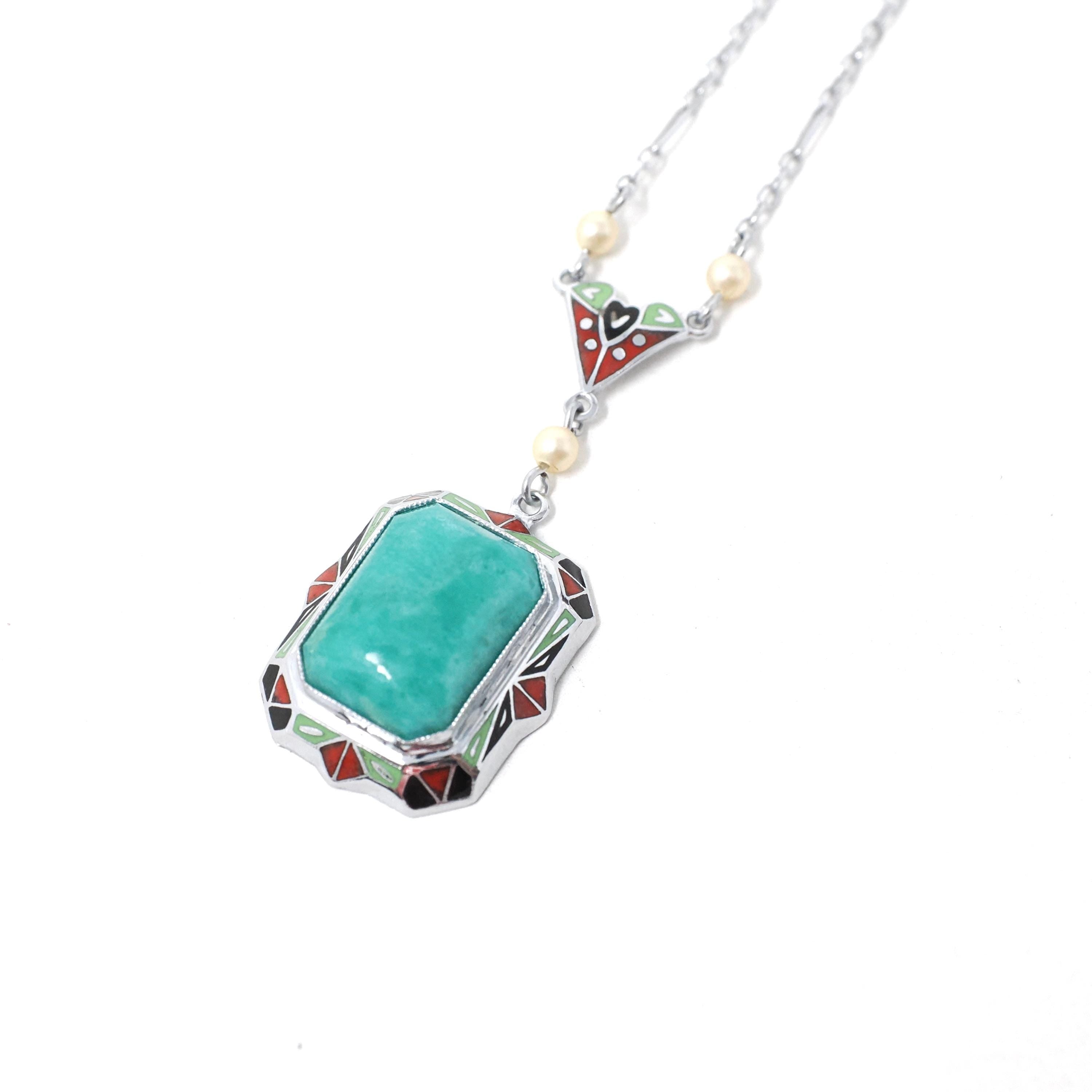 Art Deco Lavalier - Antique 10k White Gold Amazonite Gem & Black Green Red Enamel Charm Necklace - Circa 1920s Era Seed Pearl Fine Jewelry