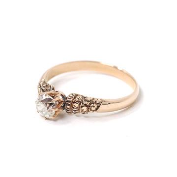 Victorian Diamond Ring - Antique 14k Rosy Yellow Gold .49 CT Old Mine Cut Handmade Solitaire - Circa 1890s Size 7 Fine Floral Bridal Jewelry