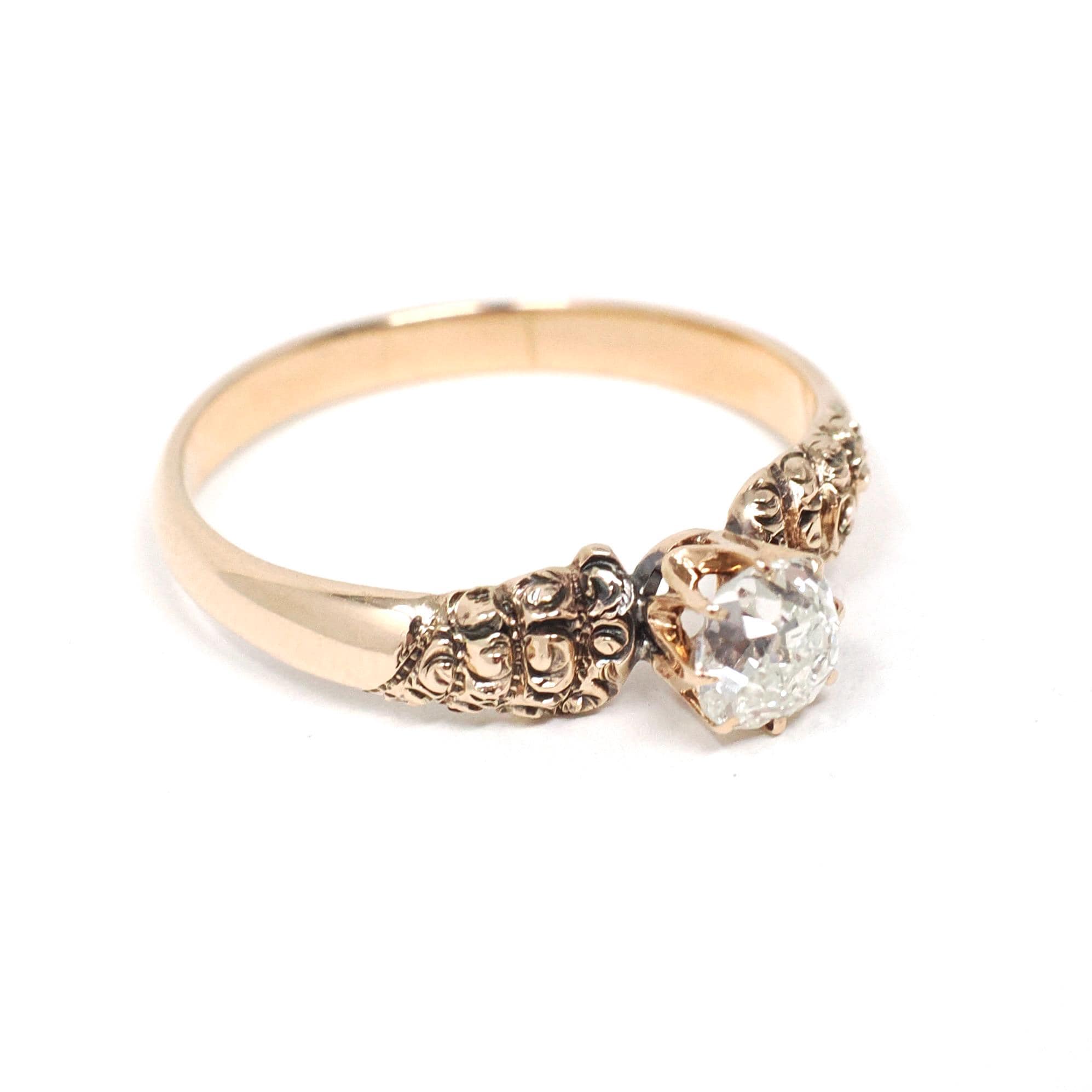 Victorian Diamond Ring - Antique 14k Rosy Yellow Gold .49 CT Old Mine Cut Handmade Solitaire - Circa 1890s Size 7 Fine Floral Bridal Jewelry