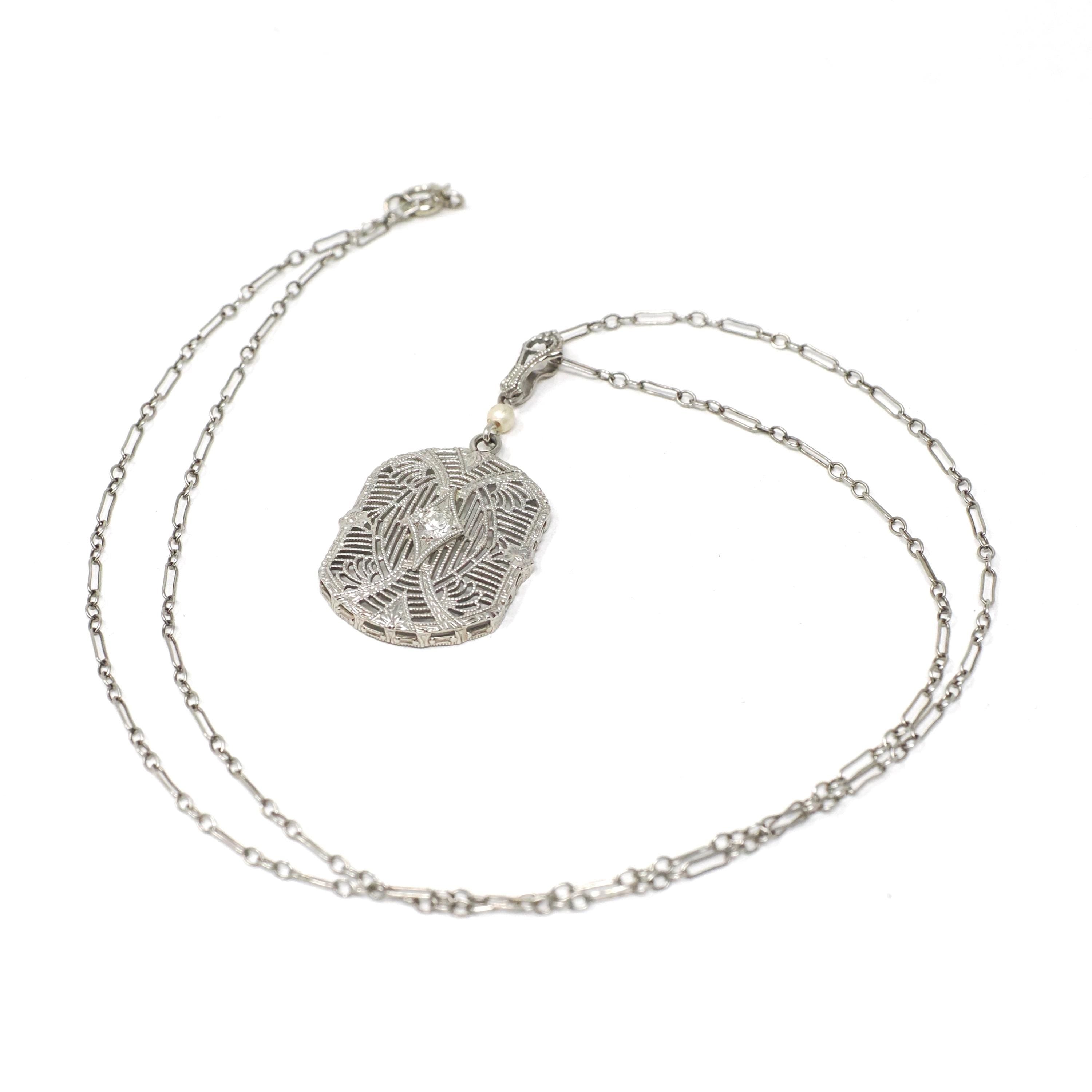 Art Deco Necklace - Vintage 10k White Gold .07 CT Diamond Necklace Lavalier - Circa 1930s Era Filigree Flower Simulated Pearl Fine Jewelry