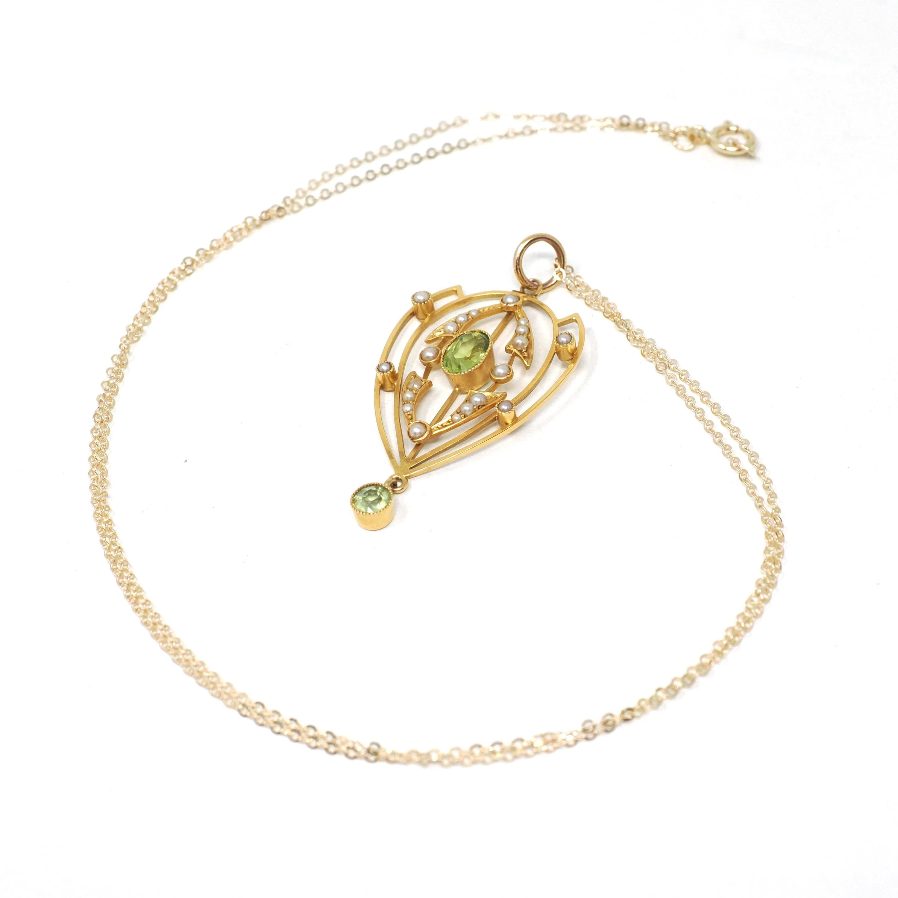 Antique Lavalier Necklace - Edwardian 15k Yellow Gold Natural Green Peridot Gem Pendant Seed Pearls - Circa 1900s Era Fine Statement Jewelry