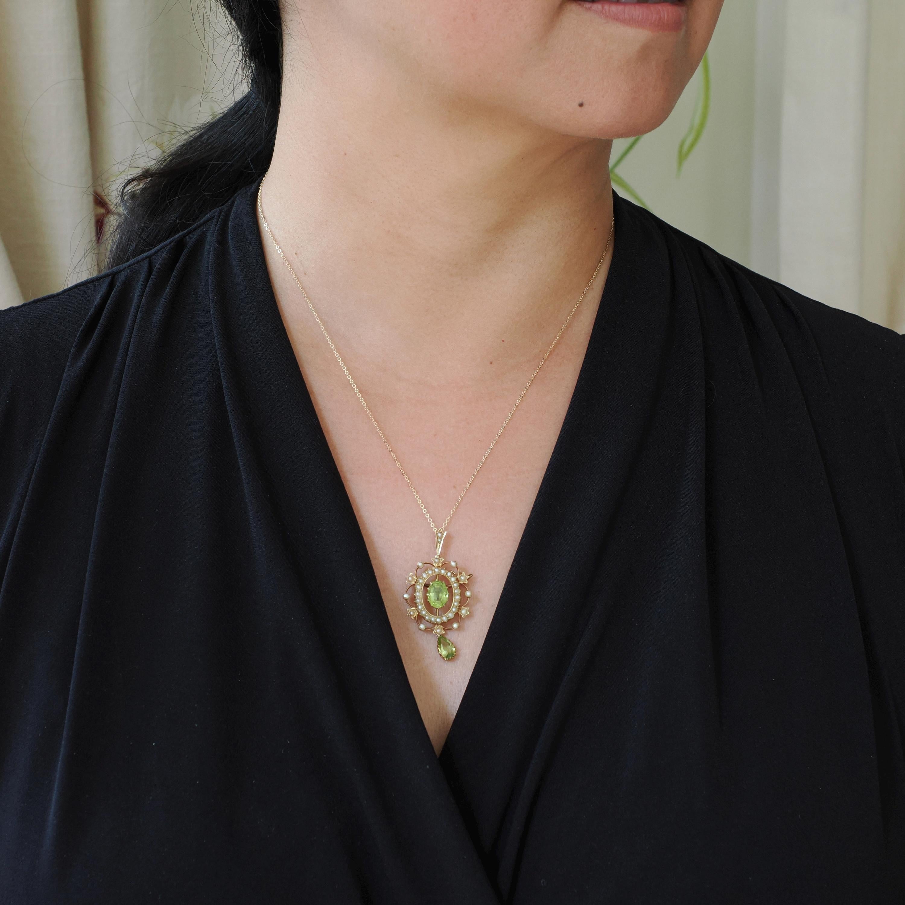 Antique Lavalier Necklace - Edwardian 15k Yellow Gold Natural Green Peridot Gem Pendant Seed Pearls - Circa 1900s Era Fine Brooch Jewelry