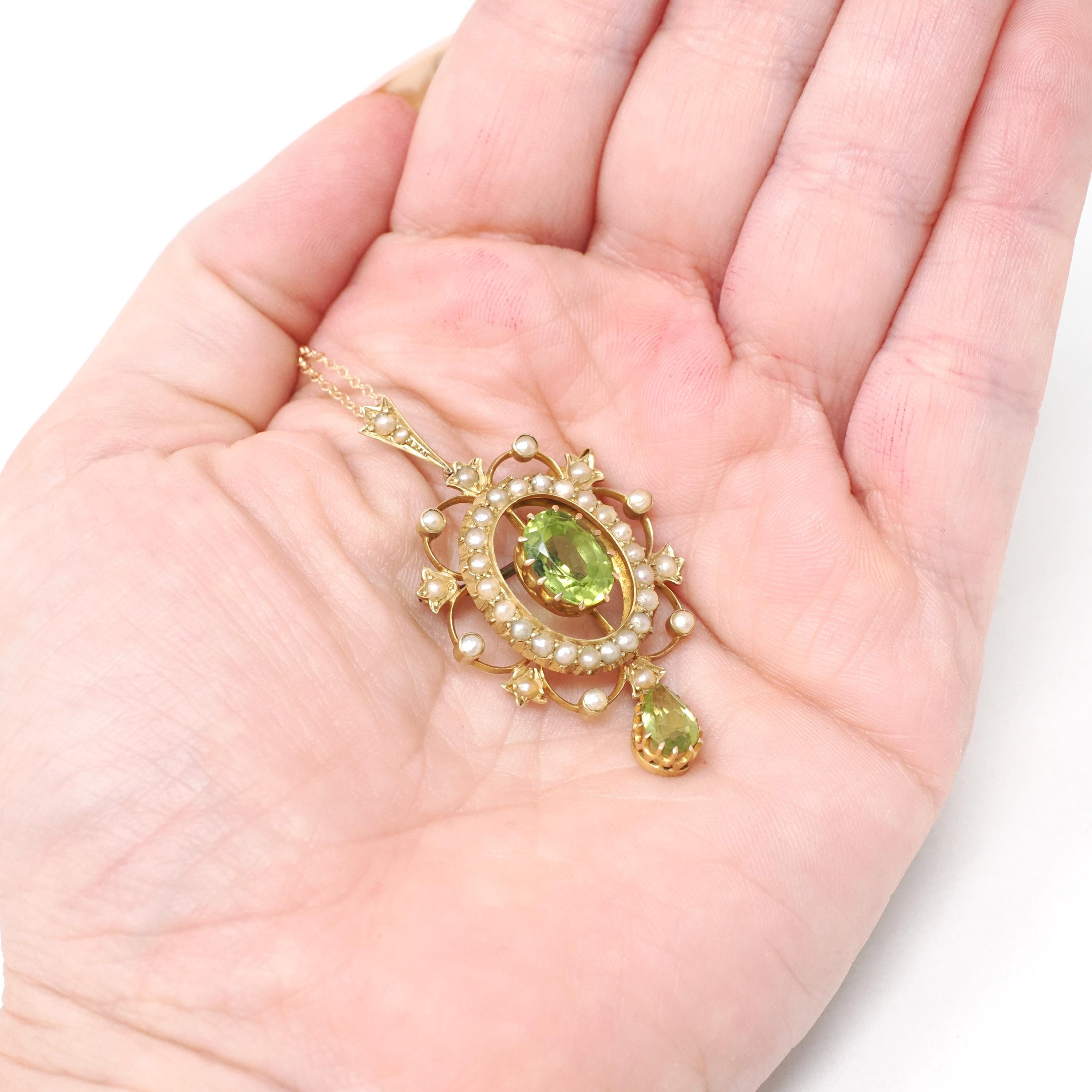 Antique Lavalier Necklace - Edwardian 15k Yellow Gold Natural Green Peridot Gem Pendant Seed Pearls - Circa 1900s Era Fine Brooch Jewelry