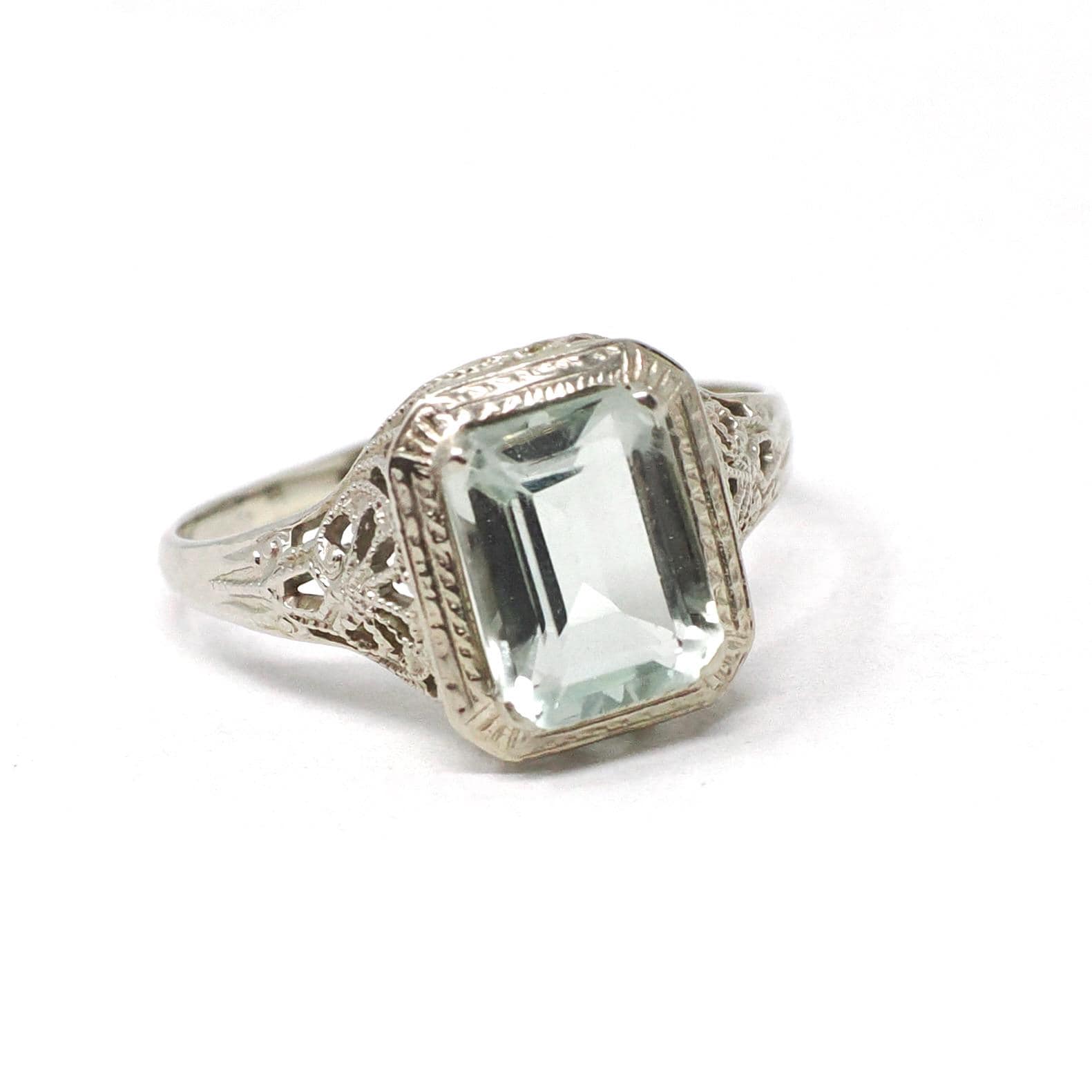 Created Quartz Ring - Art Deco 14k White Gold Emerald Cut Aqua Green Statement Gem - Antique Circa 1920's Era Size 6 Fine Filigree Jewelry