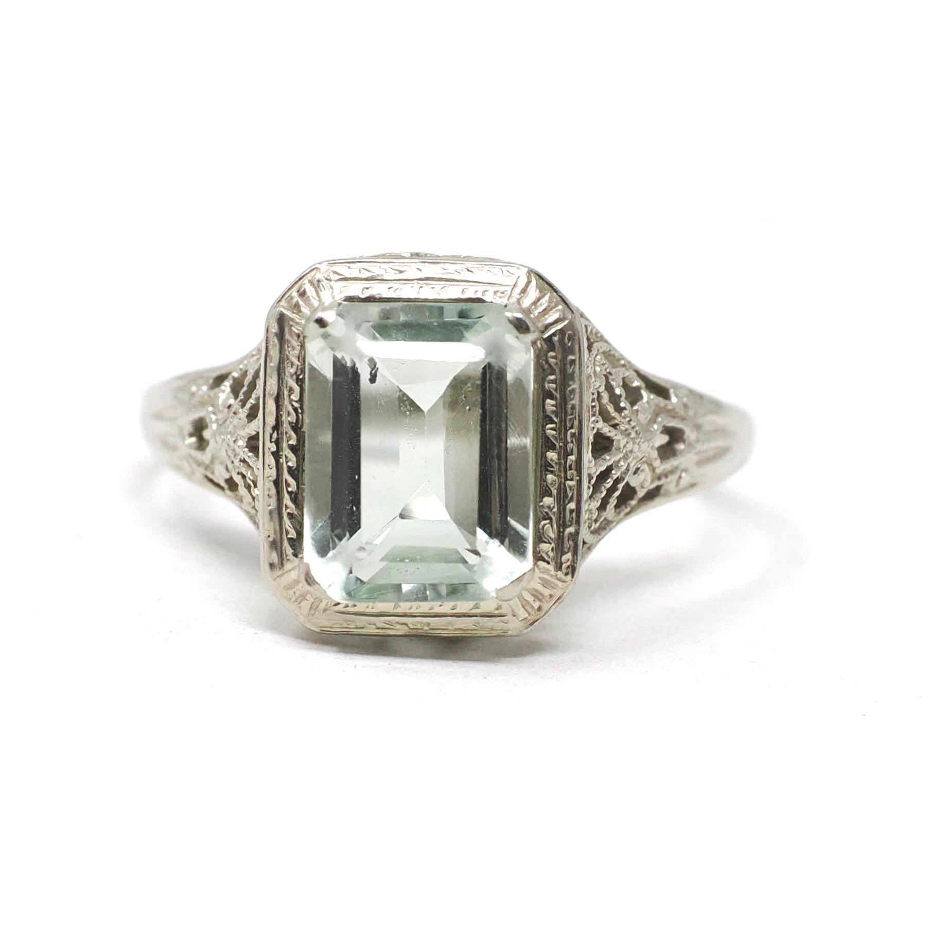 Created Quartz Ring - Art Deco 14k White Gold Emerald Cut Aqua Green Statement Gem - Antique Circa 1920's Era Size 6 Fine Filigree Jewelry