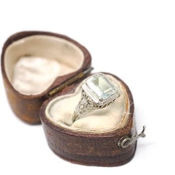 Created Quartz Ring - Art Deco 14k White Gold Emerald Cut Aqua Green Statement Gem - Antique Circa 1920's Era Size 6 Fine Filigree Jewelry