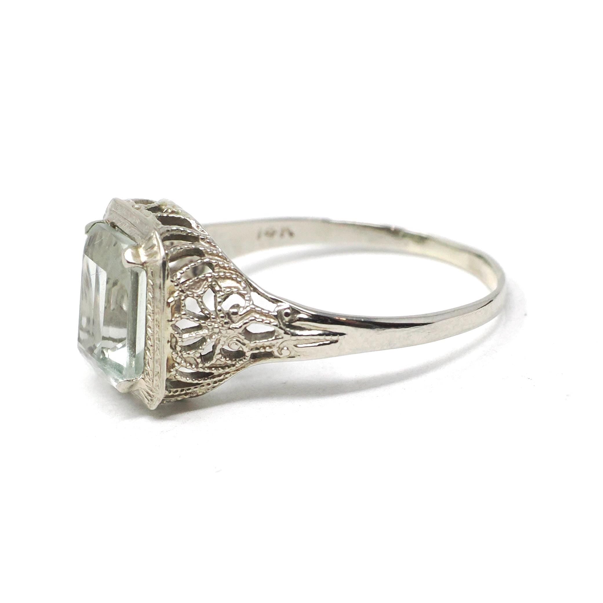 Created Quartz Ring - Art Deco 14k White Gold Emerald Cut Aqua Green Statement Gem - Antique Circa 1920's Era Size 6 Fine Filigree Jewelry