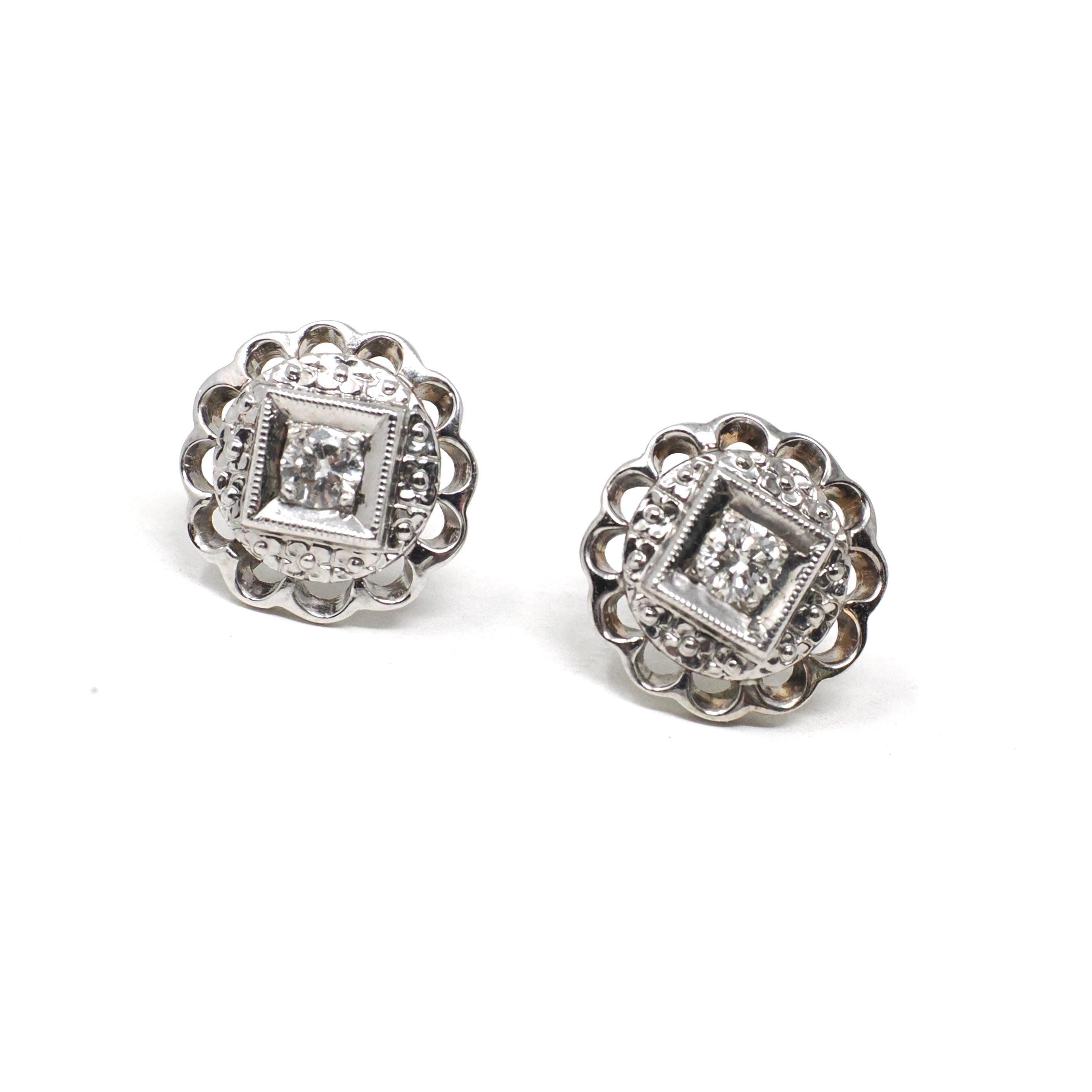 Mid Century Diamond Earrings - Vintage 14k White Gold Pierced Push Backs Studs - Circa 1950s Era Round Flower Floral Fine Statement Jewelry