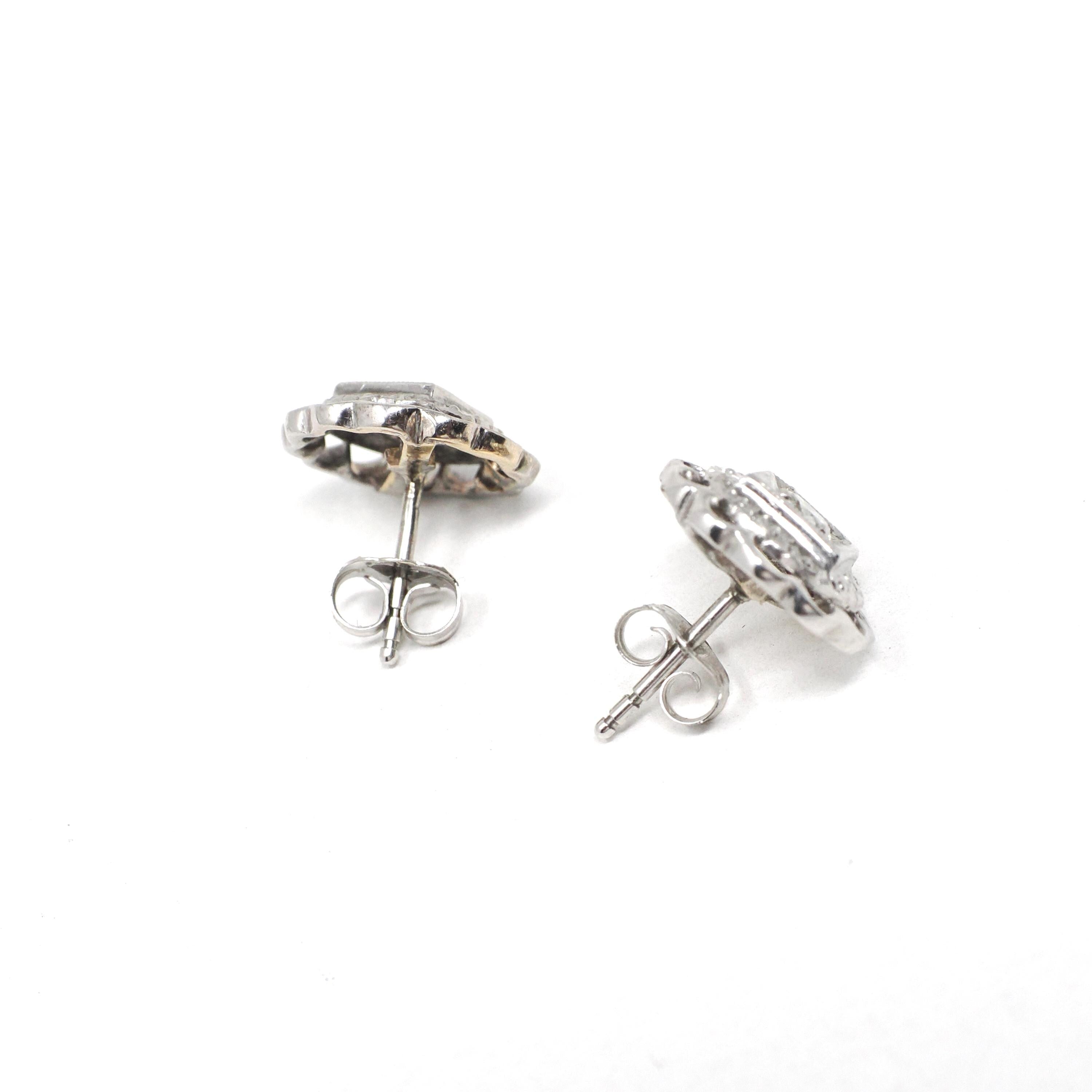 Mid Century Diamond Earrings - Vintage 14k White Gold Pierced Push Backs Studs - Circa 1950s Era Round Flower Floral Fine Statement Jewelry