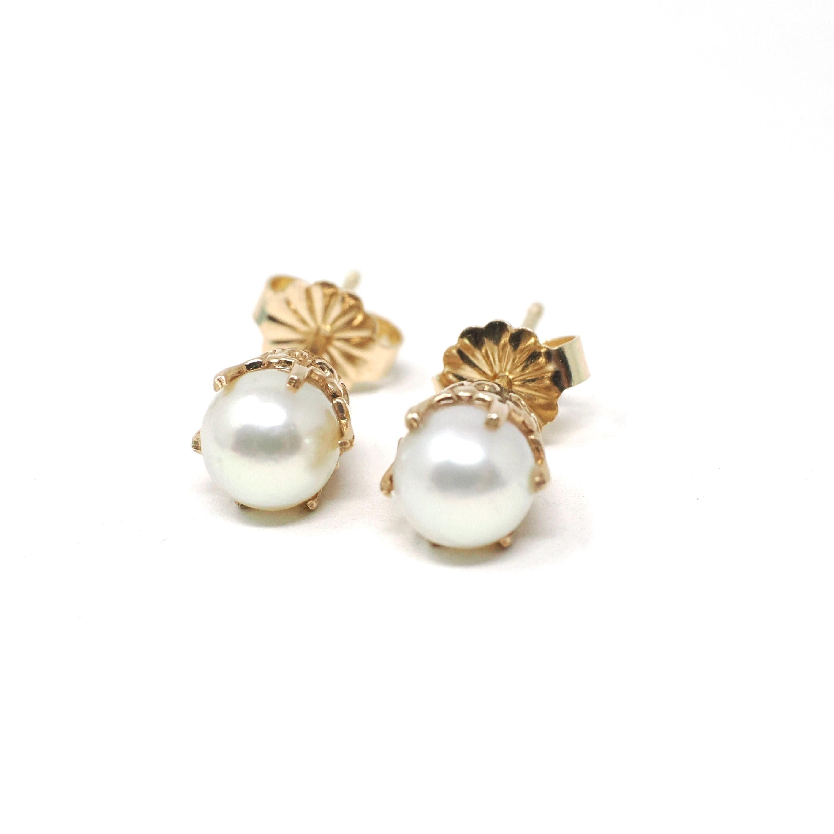 Cultured Pearl Earrings - Retro 10k Yellow Gold Round White Organic Gemstone Stud Posts - Vintage Circa 1940s Era Fine Statement Jewelry