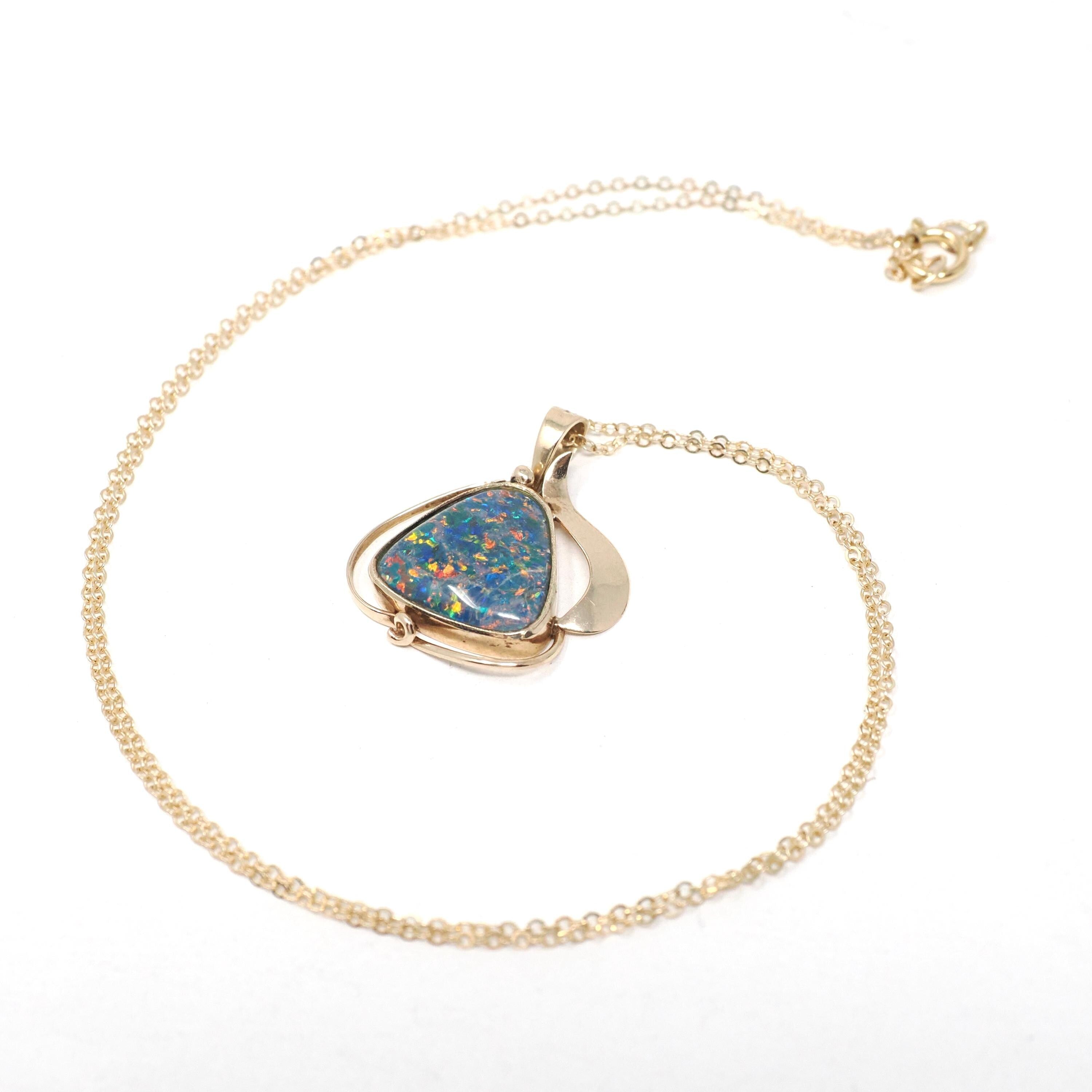 Opal Triplet Pendant - Estate 9ct Yellow Gold Cabochon Cut Necklace Charm - Modern Circa 2000s Era Statement October Birthstone Fine Jewelry