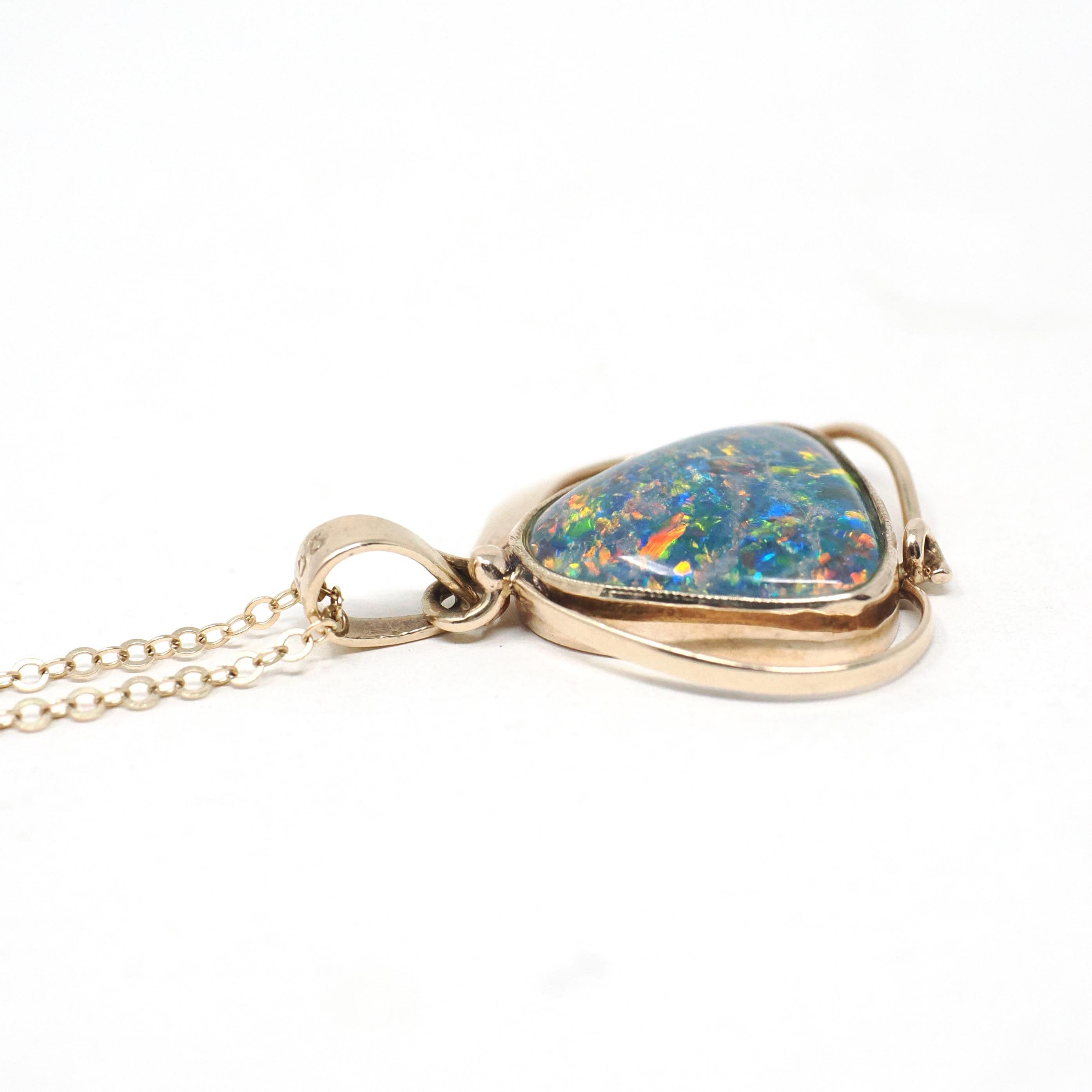 Opal Triplet Pendant - Estate 9ct Yellow Gold Cabochon Cut Necklace Charm - Modern Circa 2000s Era Statement October Birthstone Fine Jewelry