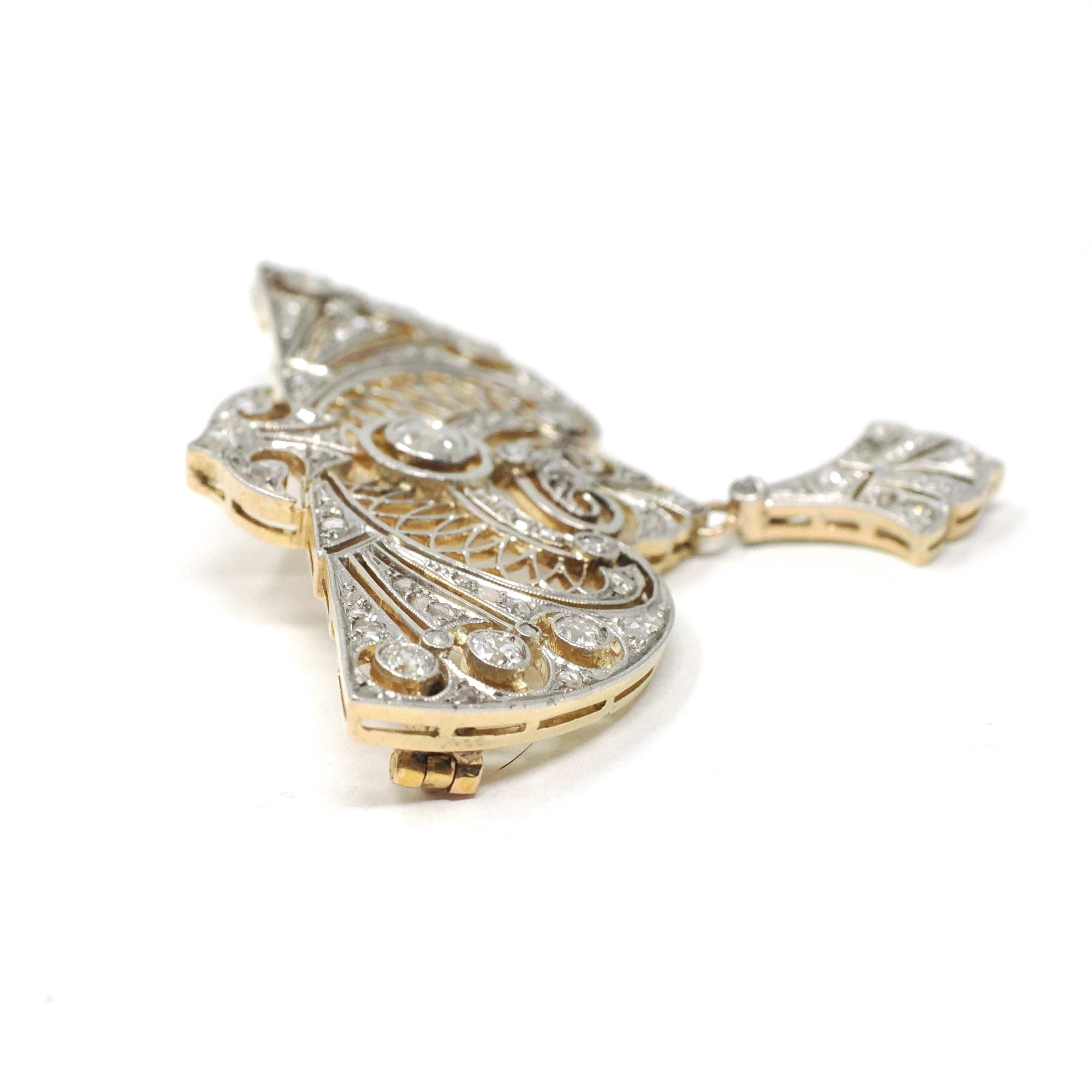 Antique Diamond Brooch - Edwardian Platinum & 18k Yellow Gold Natural 1.09 CTW Filigree Winged Pin - Circa 1910s Early Art Deco Fine Jewelry