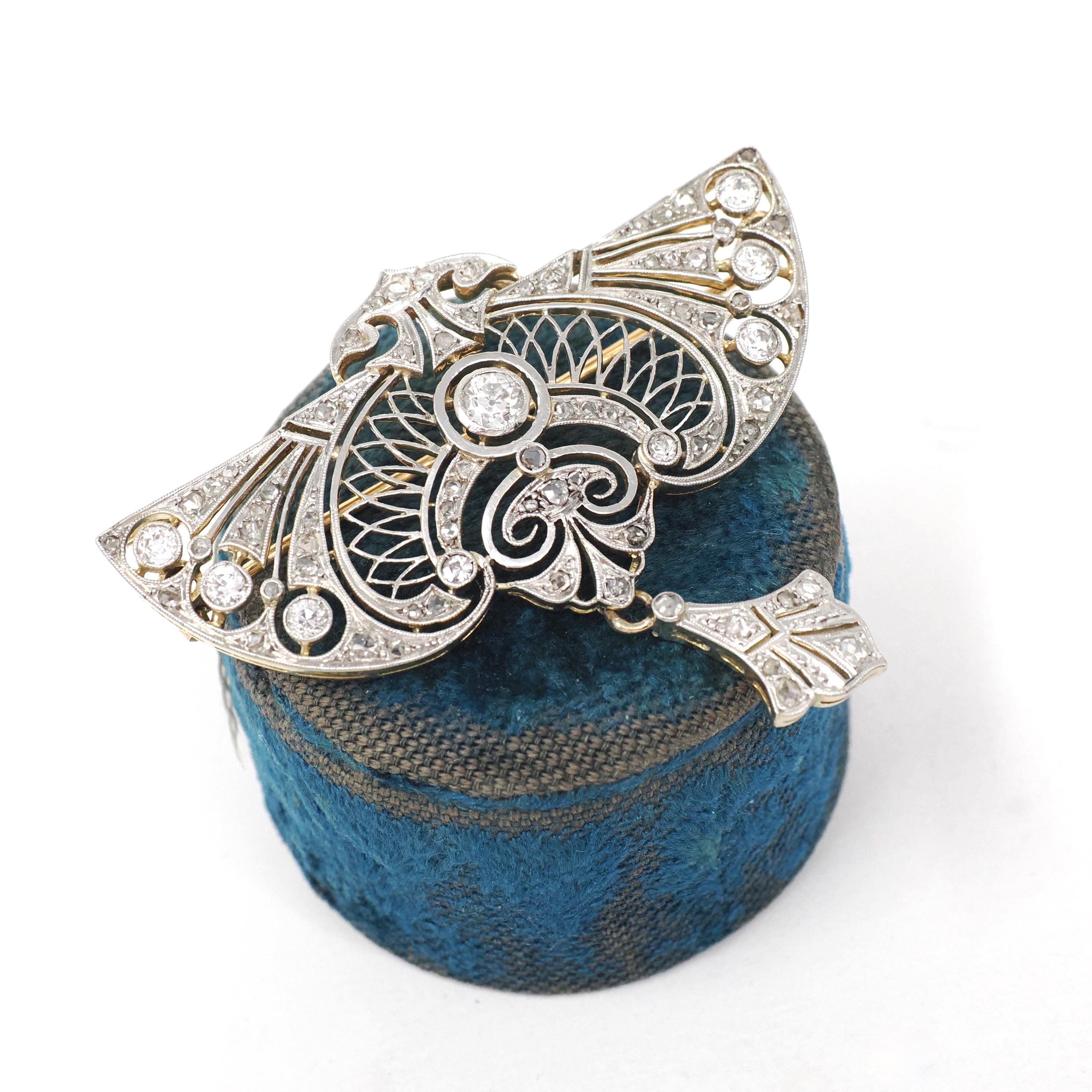 Antique Diamond Brooch - Edwardian Platinum & 18k Yellow Gold Natural 1.09 CTW Filigree Winged Pin - Circa 1910s Early Art Deco Fine Jewelry