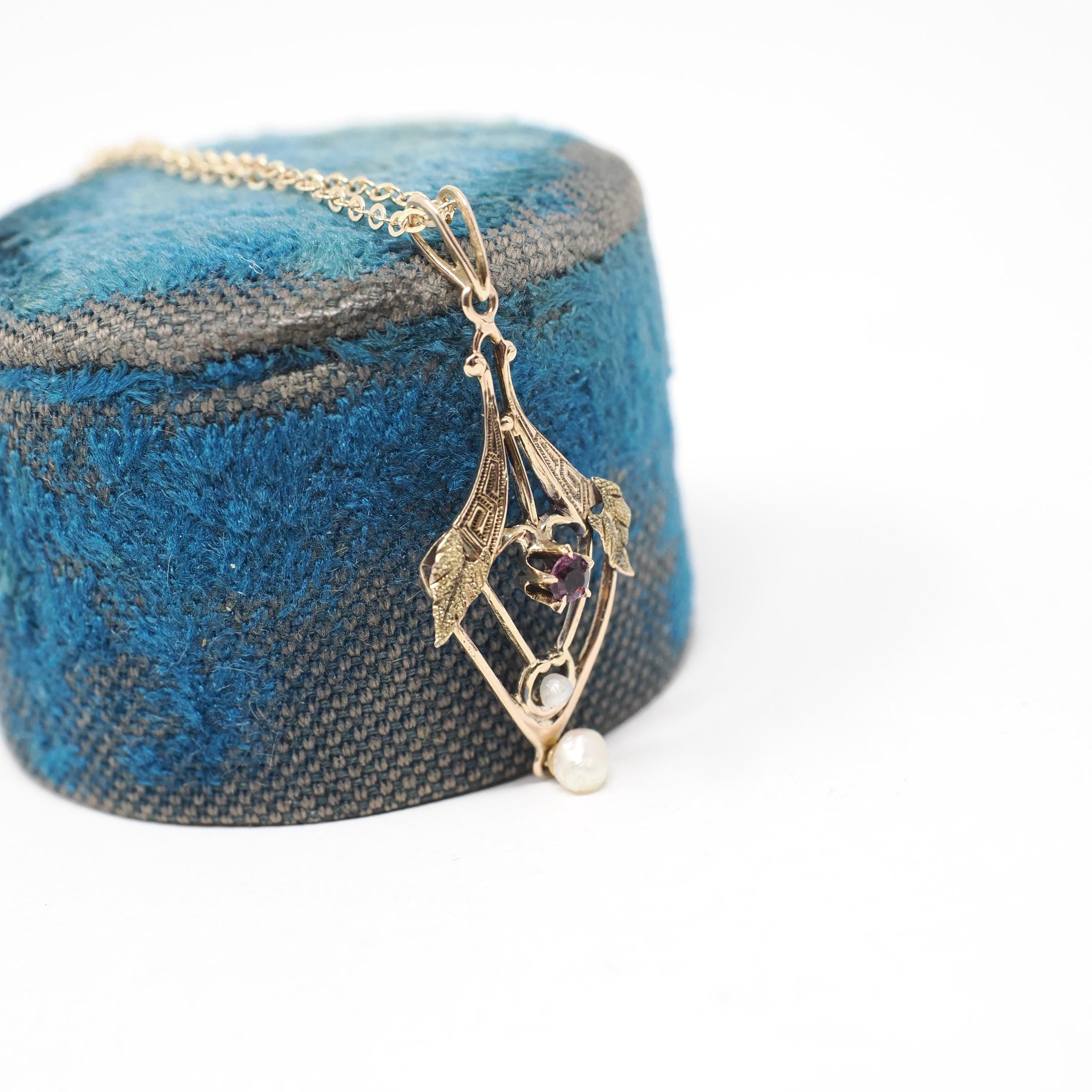Antique Lavalier Necklace - Edwardian 10k Yellow Gold Purple Glass Seed Pearl Pendant - Circa 1910s Era Simulated Gem Baroque Pearl Jewelry