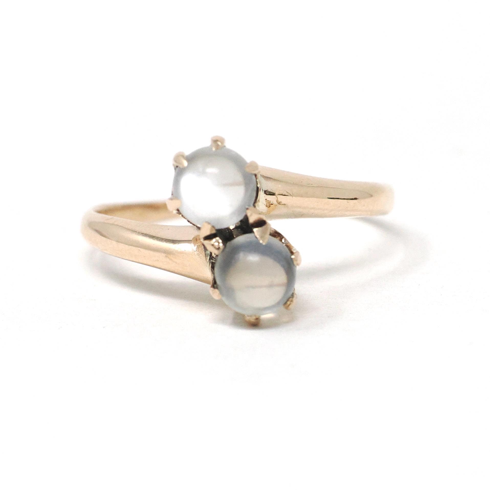 Edwardian Moonstone Ring - Antique 10k Yellow Gold Natural Round Toi Et Moi Orb Gems - Circa Early 1900s Era Size 6 1/2 Bypass Fine Jewelry
