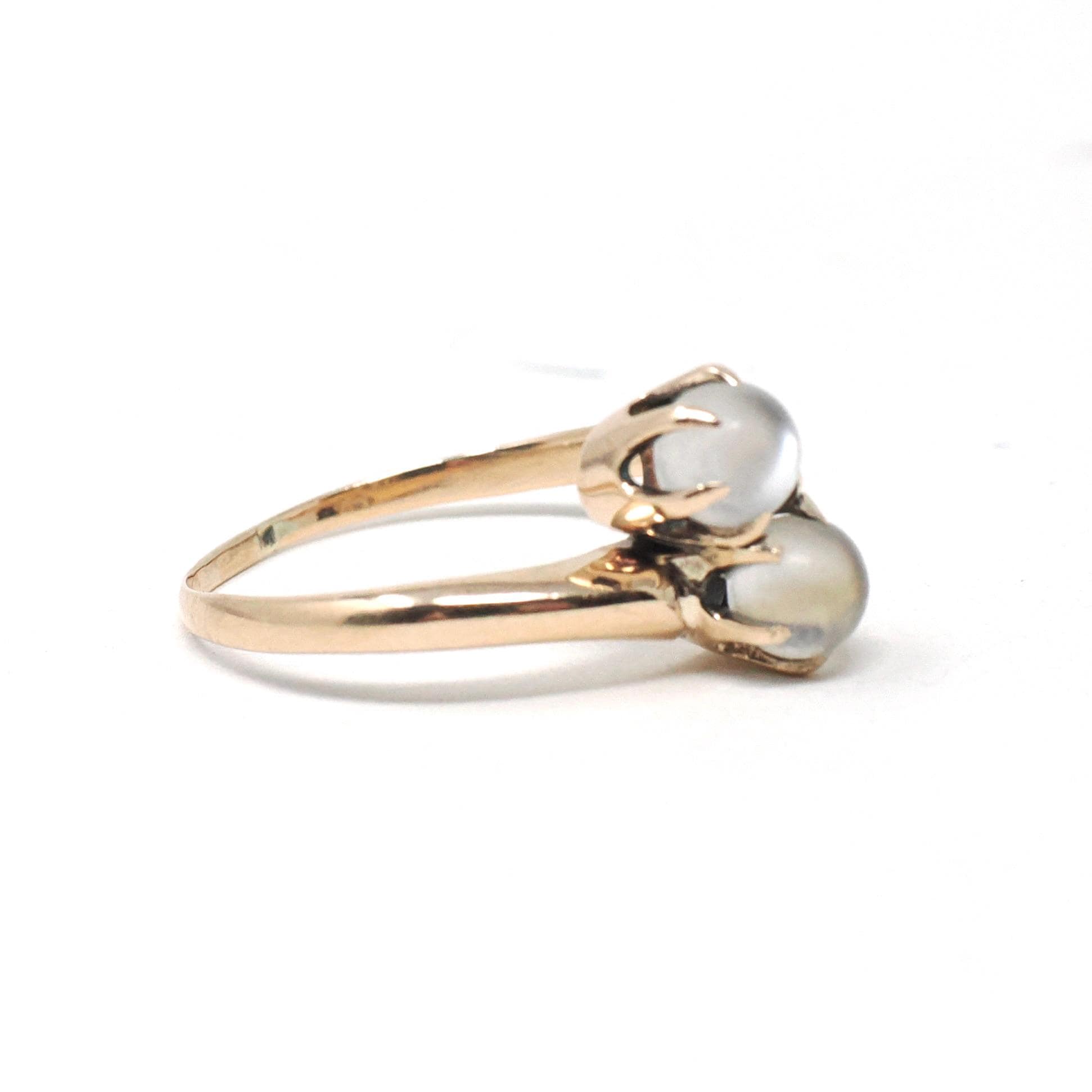 Edwardian Moonstone Ring - Antique 10k Yellow Gold Natural Round Toi Et Moi Orb Gems - Circa Early 1900s Era Size 6 1/2 Bypass Fine Jewelry