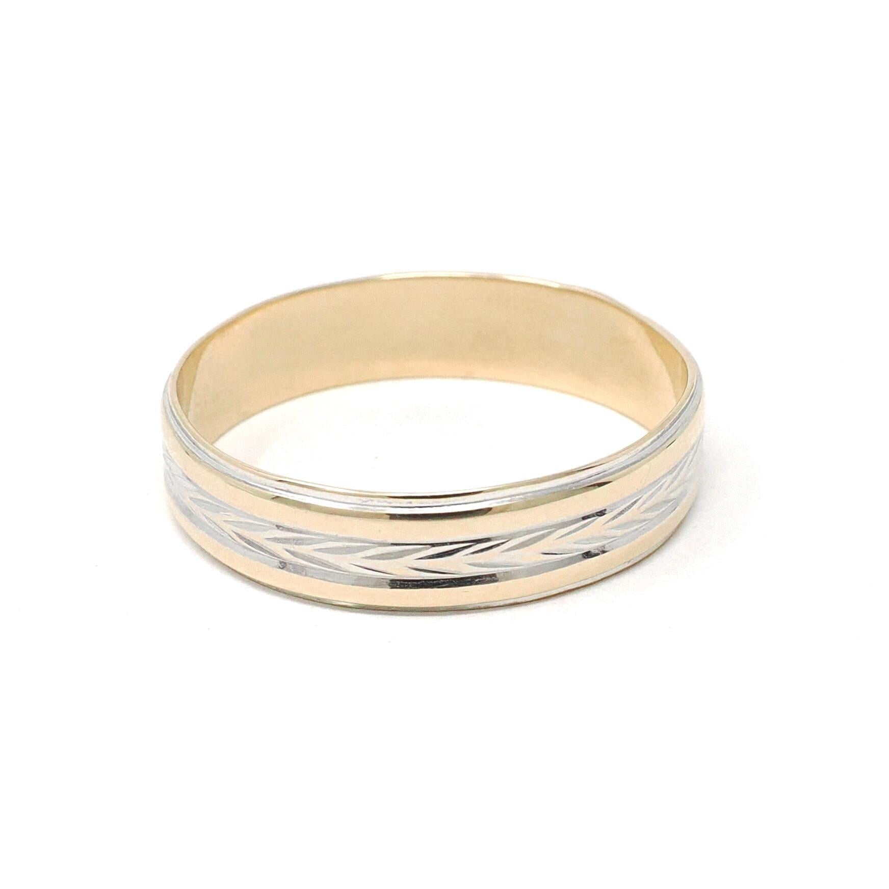 Two Tone Wedding Band - Vintage 14k Yellow & White Gold Unisex Bridal Standard Fit Ring - Retro Circa 1960s Size 12 1/2 Wheat Fine Jewelry
