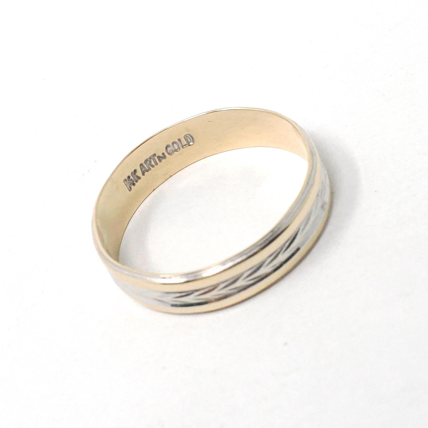 Two Tone Wedding Band - Vintage 14k Yellow & White Gold Unisex Bridal Standard Fit Ring - Retro Circa 1960s Size 12 1/2 Wheat Fine Jewelry
