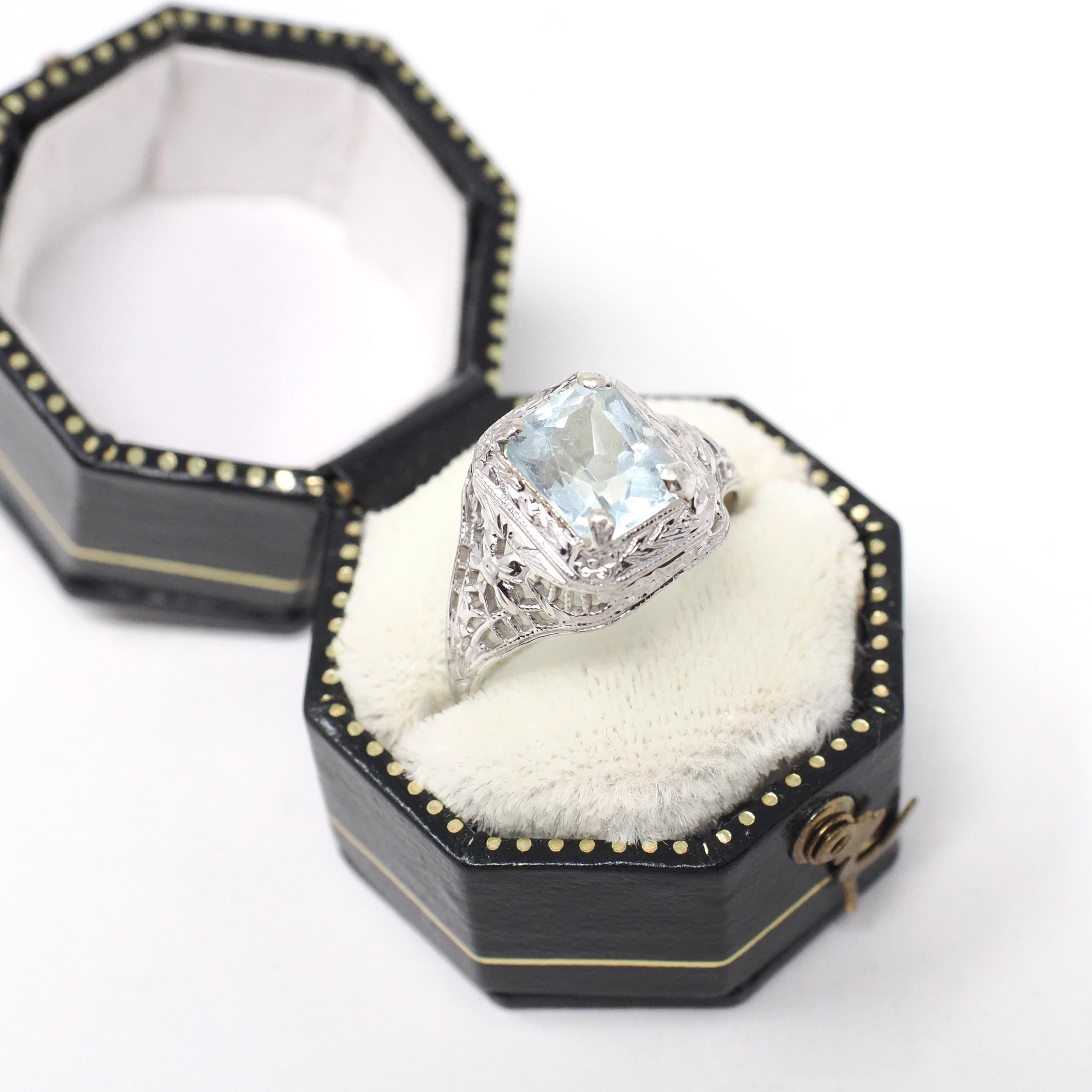 Vintage Aquamarine Ring - Art Deco 14k White Gold French Cut Octagonal Natural Blue Gemstone - Circa 1930s Size 5 1/4 Filigree Fine Jewelry