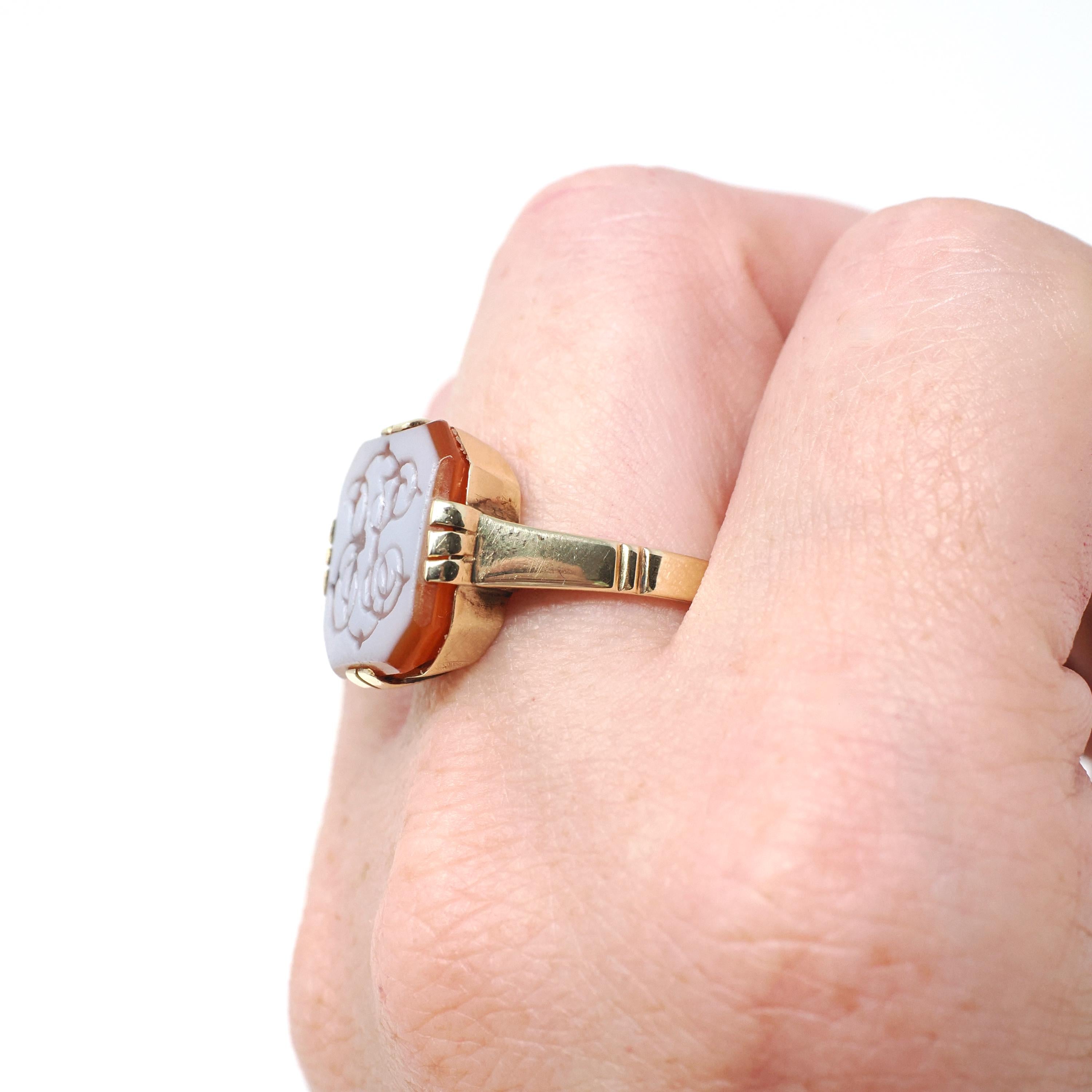 Vintage Intaglio Ring - Mid Century 14k Yellow Gold Carved Script Monogram Orange White Sardonyx Gem - Size 8 3/4 Initials JB Fine Jewelry