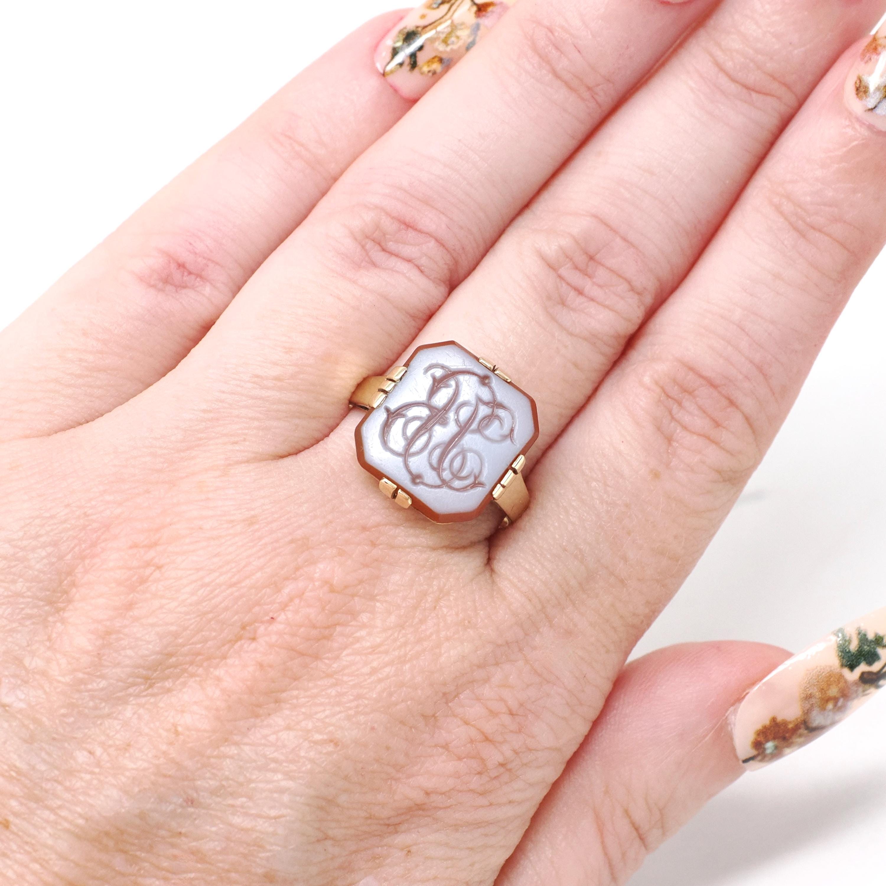 Vintage Intaglio Ring - Mid Century 14k Yellow Gold Carved Script Monogram Orange White Sardonyx Gem - Size 8 3/4 Initials JB Fine Jewelry
