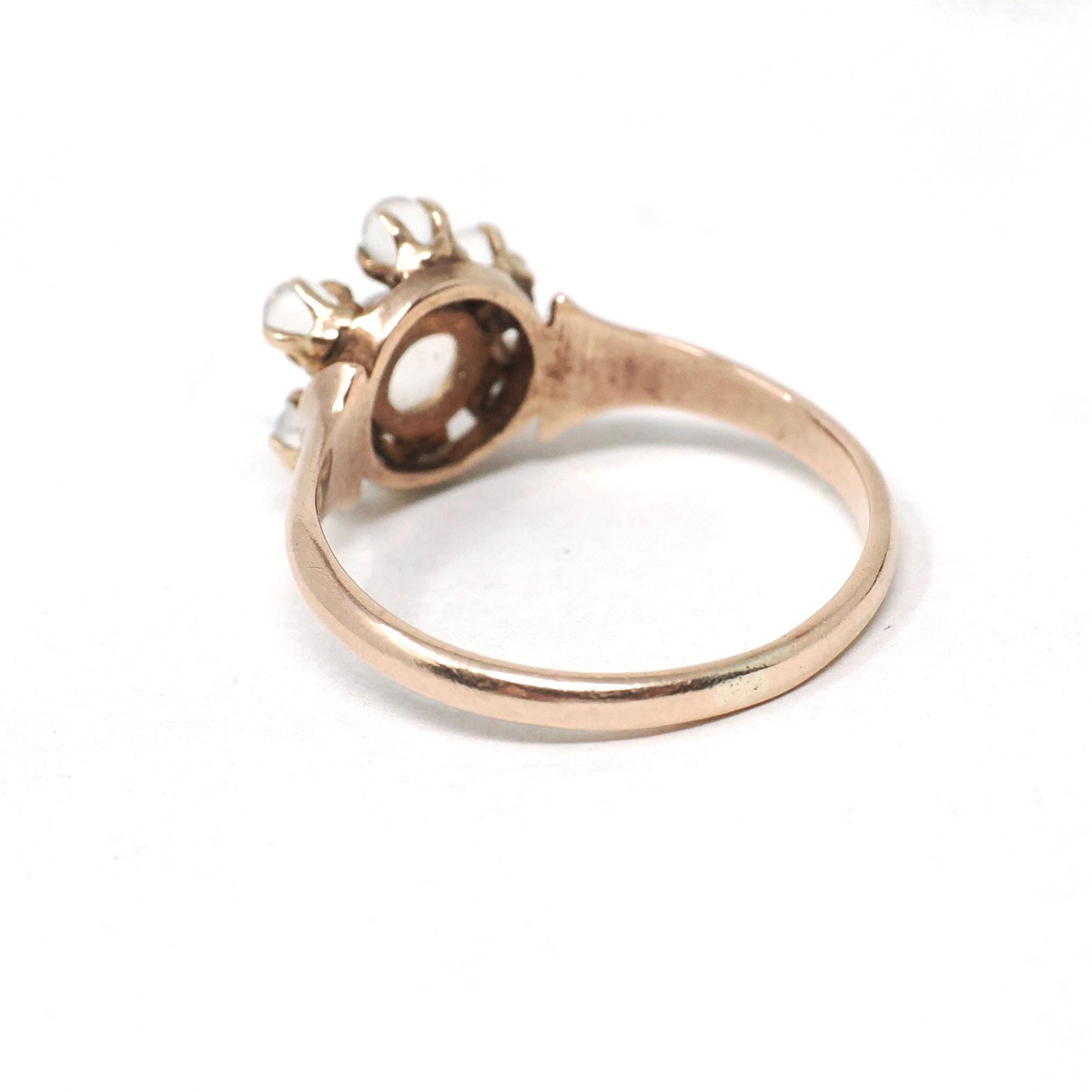 Antique Moonstone Ring - Victorian Era 10k Rose Gold Round Sphere Gemstone Halo - Circa 1890s Size 5 1/2 Belcher Flower Cluster Fine Jewelry