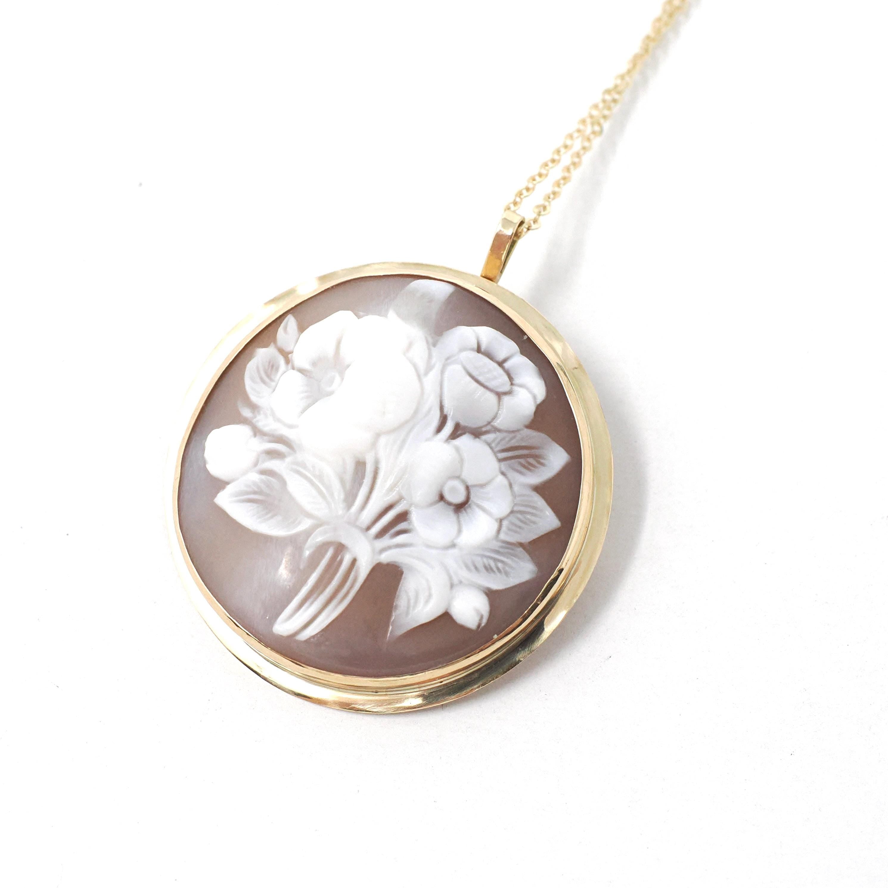 Flower Cameo Pendant - Mid Century 14k Yellow Gold Carved Shell Floral Bouquet Brooch Necklace - Vintage Circa 1940s Era Statement Jewelry