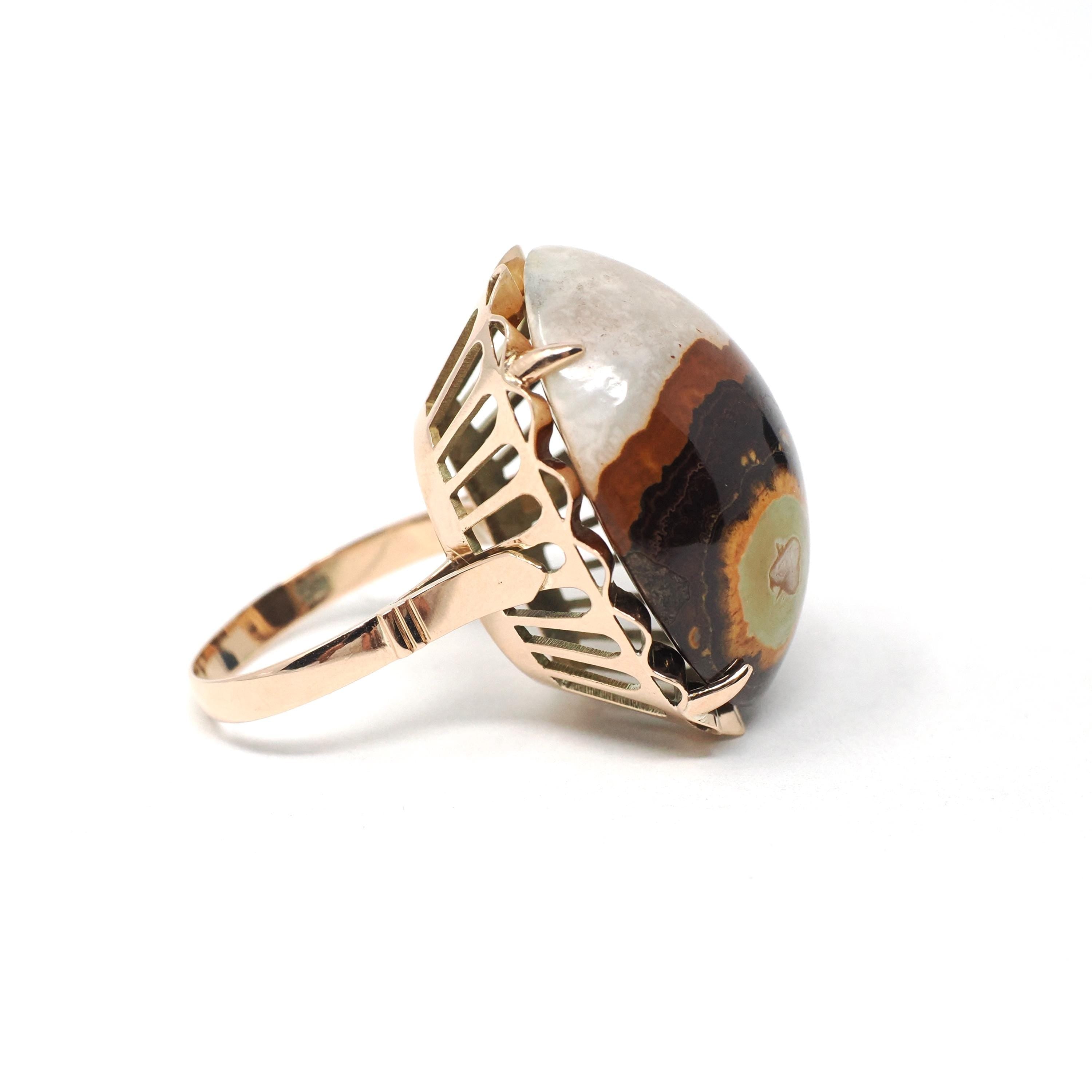 Vintage Jasper Ring - Mid Century 10k Yellow Gold Large Oval Cabochon Gemstone - Circa 1960s Era Size 7 Cocktail Fine Statement Jewelry