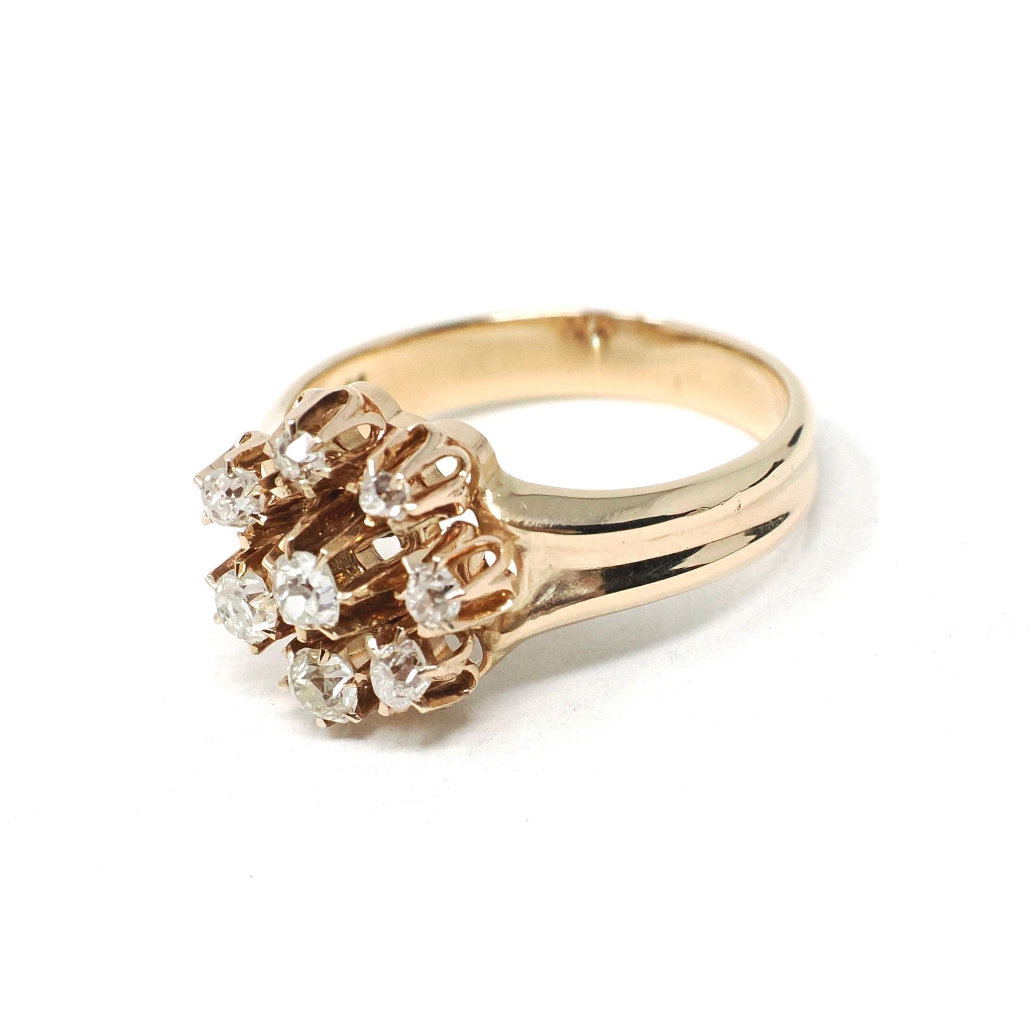 Antique Diamond Ring - Victorian Era 14k Yellow Gold Natural Flower Gemstone Halo - Circa 1890s Size 6 1/4 Cluster Fine Statement Jewelry