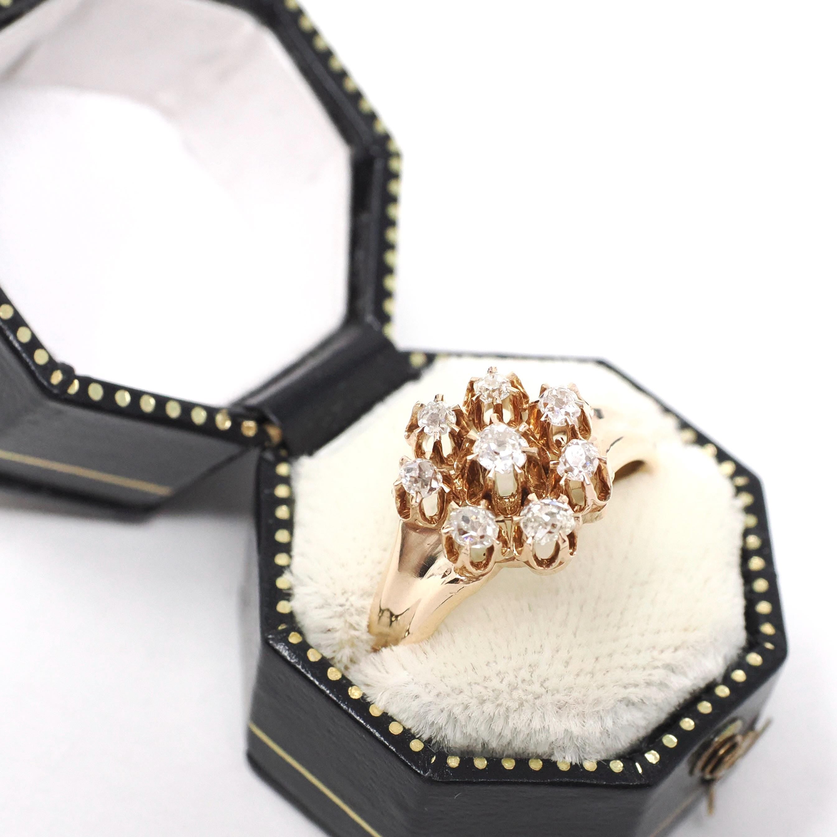 Antique Diamond Ring - Victorian Era 14k Yellow Gold Natural Flower Gemstone Halo - Circa 1890s Size 6 1/4 Cluster Fine Statement Jewelry