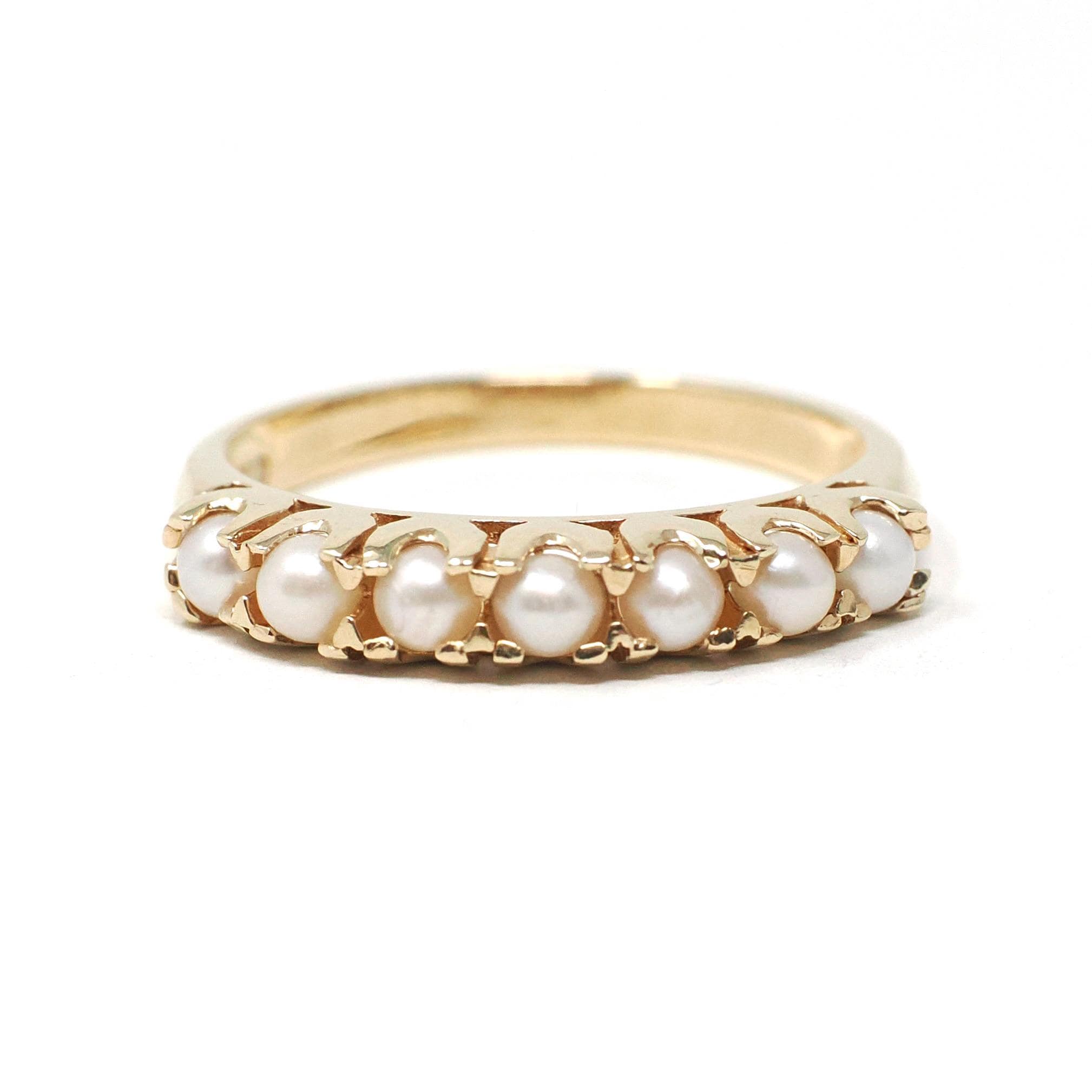 Cultured Pearl Band - Vintage 10k Yellow Gold Organic Natural Gemstone Ring - Modern Circa 1990s Era Size 6 1/2 June Birthstone Fine Jewelry