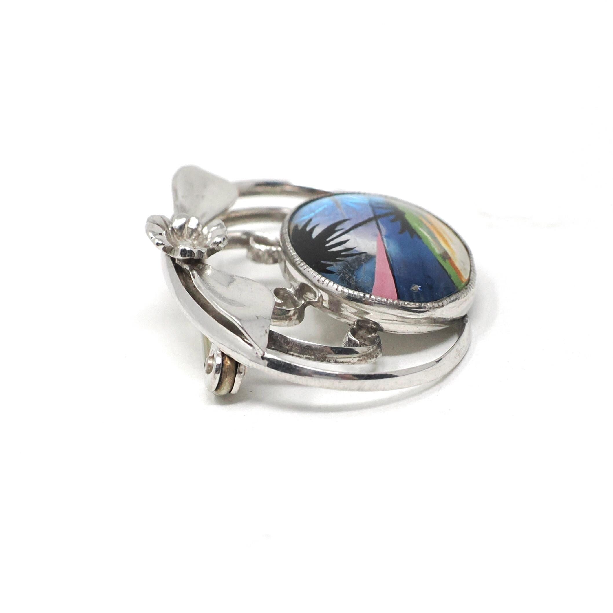 Morpho Butterfly Brooch - Art Deco Sterling Silver Blue Iridescent Wing Pin - Circa 1930s Era Tropical Palm Tree Sunset Souvenir Jewelry