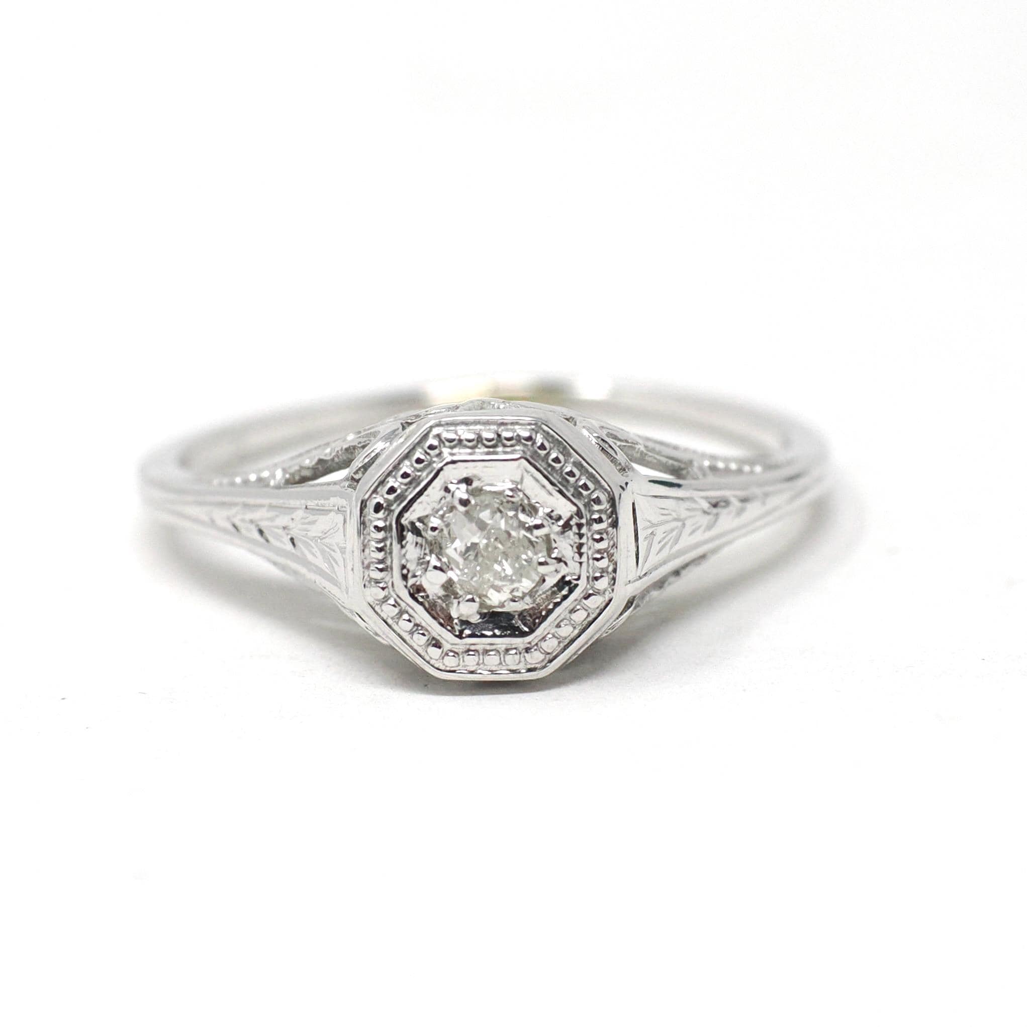 Vintage Diamond Ring - Art Deco 18k White Gold Natural .10 CT Solitaire Engagement - Circa 1930s Size 6 Octagonal Filigree Fine Jewelry