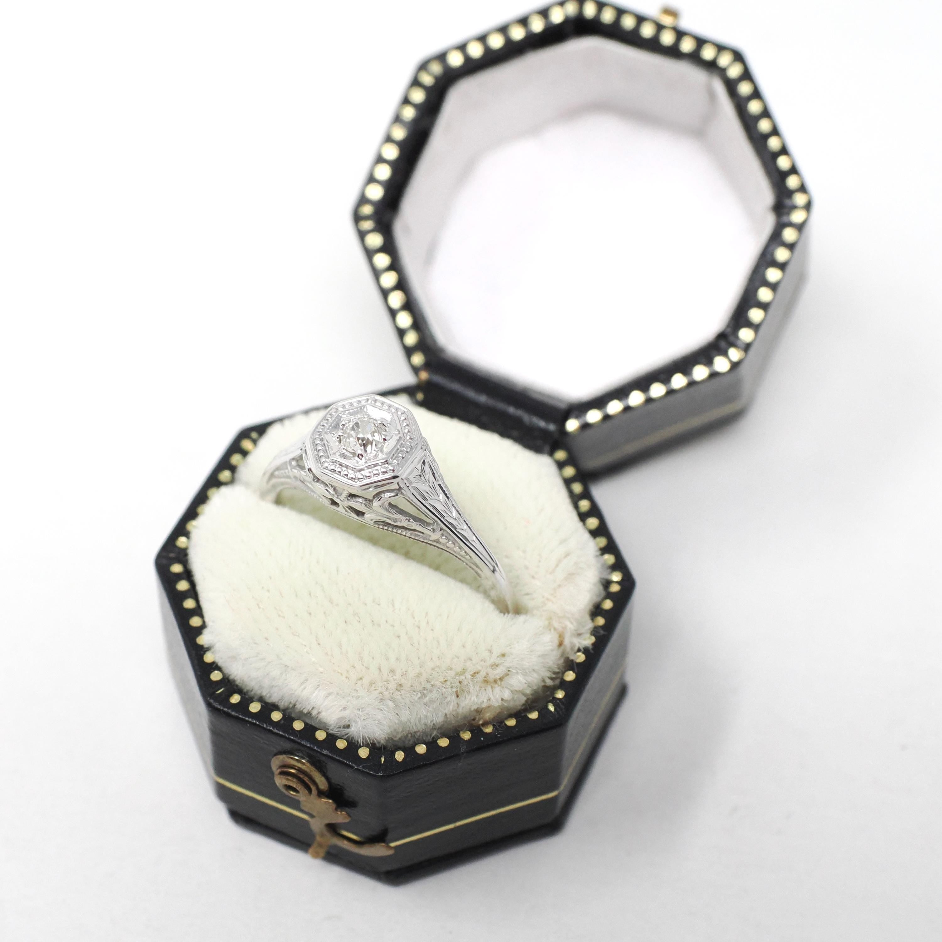 Vintage Diamond Ring - Art Deco 18k White Gold Natural .10 CT Solitaire Engagement - Circa 1930s Size 6 Octagonal Filigree Fine Jewelry