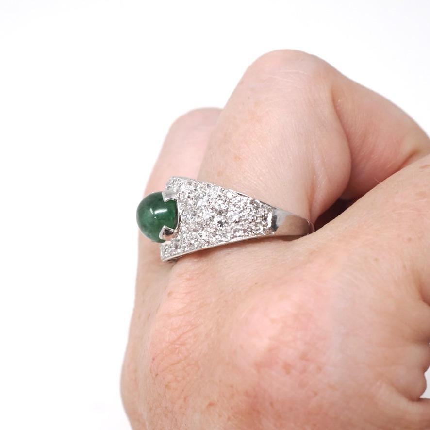 Emerald & Diamond Ring - Mid Century Platinum Natural Green Cabochon Beryl 1.72 CTW Accents - Circa 1950s Size 8.75 Buckle Band Fine Jewelry