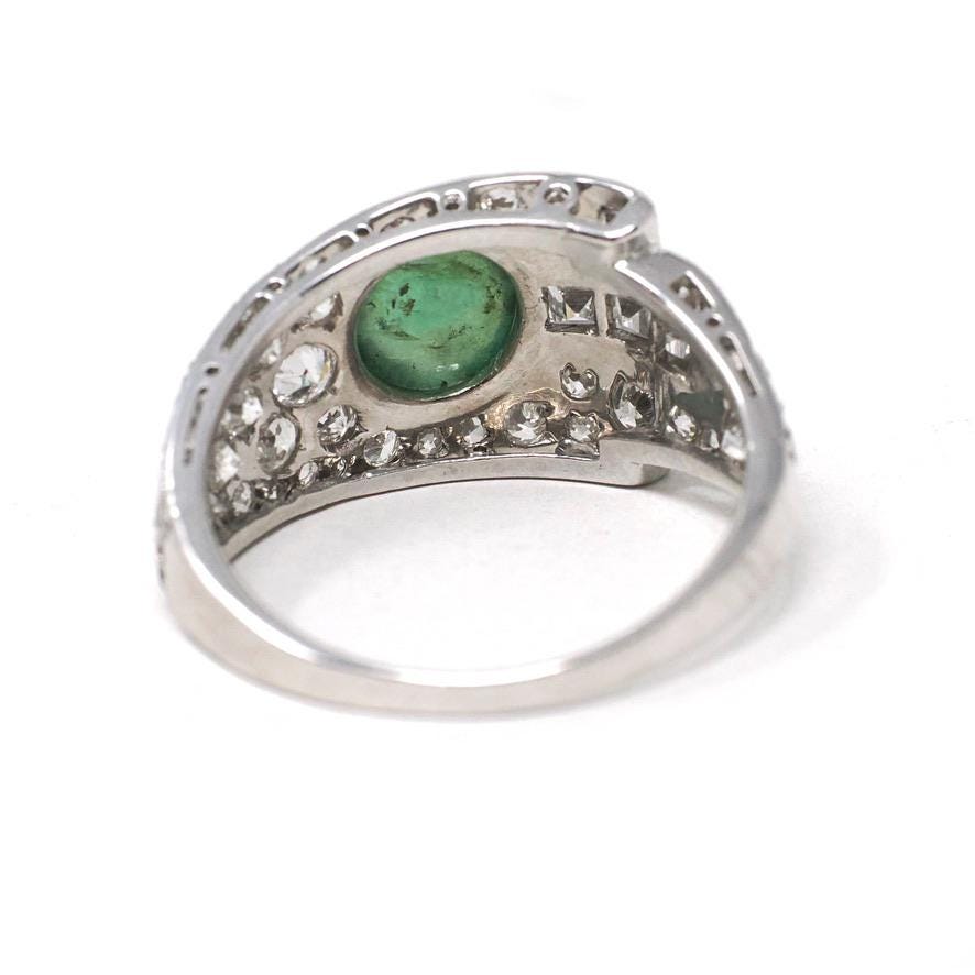 Emerald & Diamond Ring - Mid Century Platinum Natural Green Cabochon Beryl 1.72 CTW Accents - Circa 1950s Size 8.75 Buckle Band Fine Jewelry