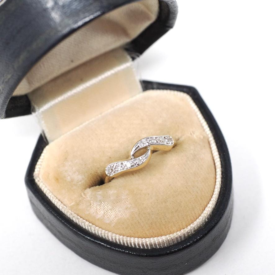 Bypass Wedding Ring - Mid Century 14k Yellow Gold Two Tone .16 CTW Antique Diamond Twist Band - Circa 1940s Size 4 1/4 Fine Bridal Jewelry