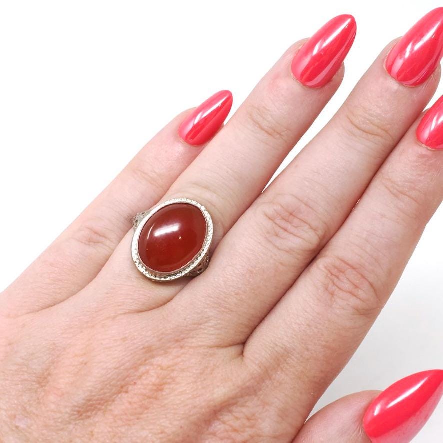 Antique Carnelian Ring - Art Deco 14k White Gold Oval Cabochon Cut Natural Gem - Circa 1920s Era Size 4 1/2 Statement Filigree Fine Jewelry