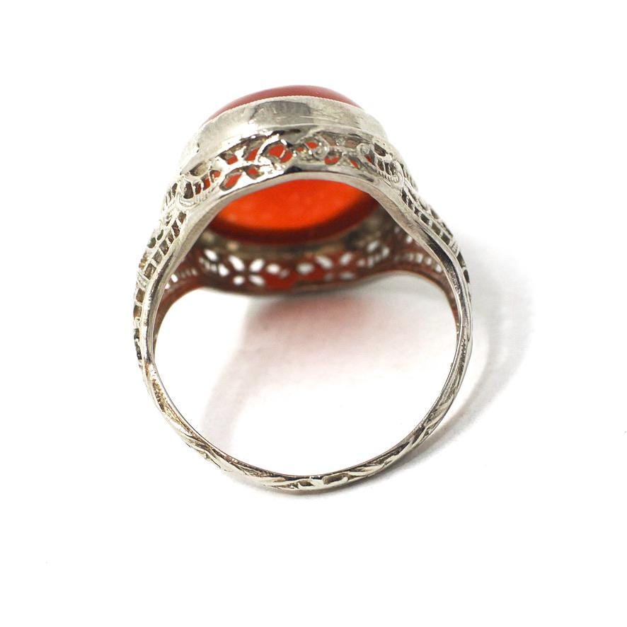 Antique Carnelian Ring - Art Deco 14k White Gold Oval Cabochon Cut Natural Gem - Circa 1920s Era Size 4 1/2 Statement Filigree Fine Jewelry