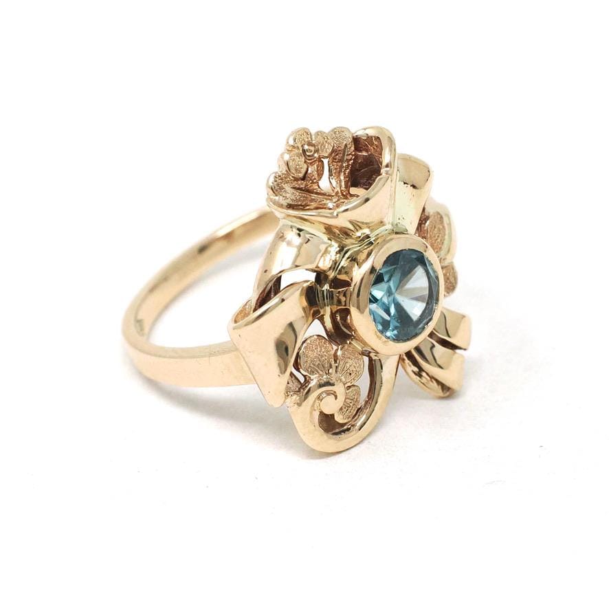 Vintage Zircon Ring - Mid Century 10k Yellow Gold Round Faceted Natural Blue 1.13 CT Gem - Circa 1940s Era Size 5 3/4 Flowers Fine Jewelry