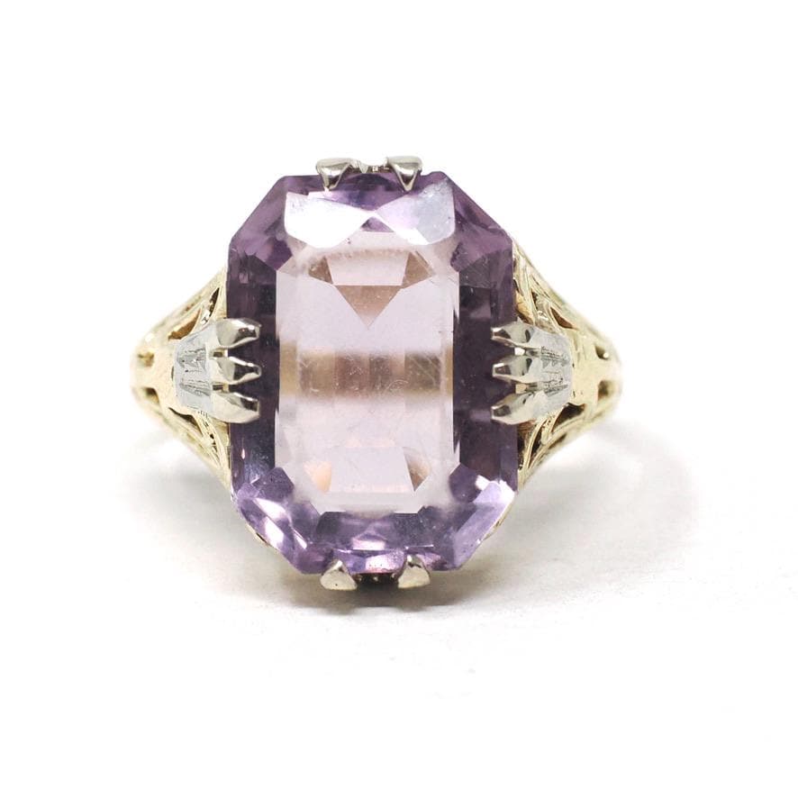 Vintage Amethyst Ring - Art Deco 14k Yellow Gold Filigree Emerald Cut Purple Gem - Circa 1930s Era Size 6 3/4 Floral Two Tone Fine Jewelry