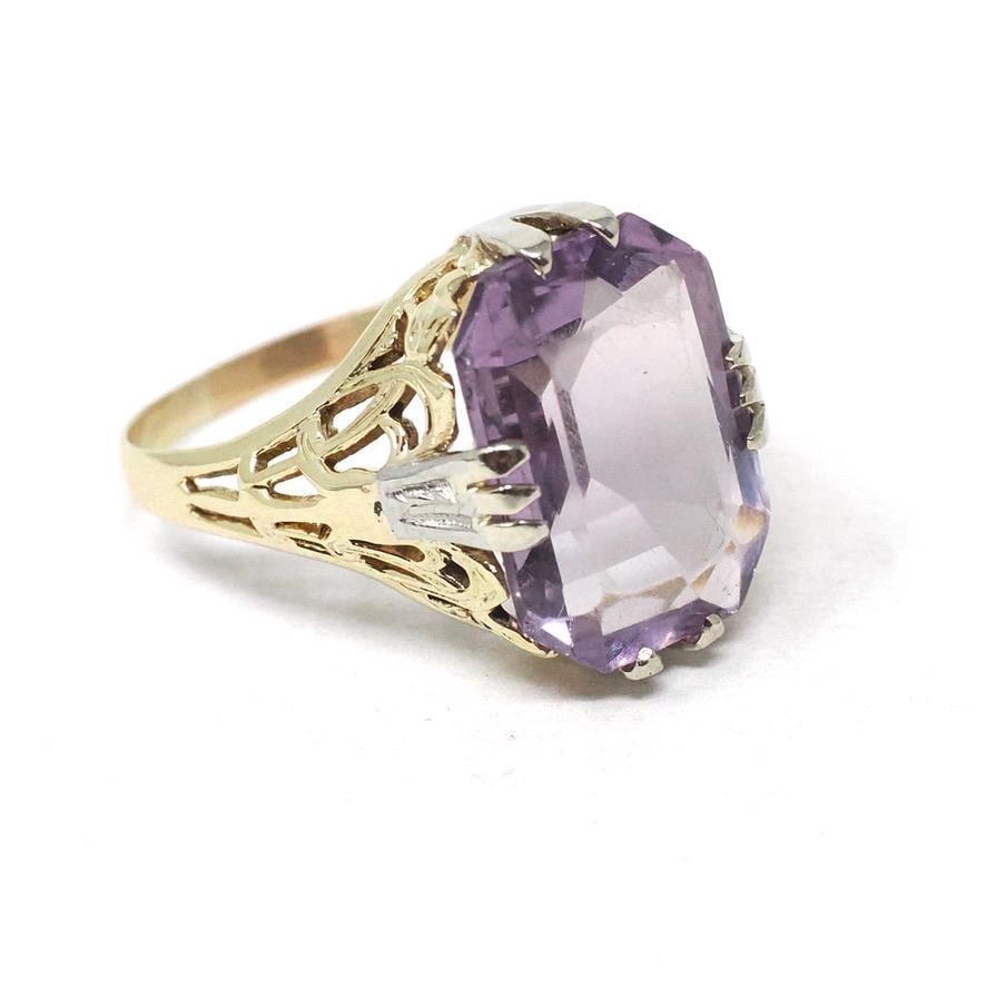 Vintage Amethyst Ring - Art Deco 14k Yellow Gold Filigree Emerald Cut Purple Gem - Circa 1930s Era Size 6 3/4 Floral Two Tone Fine Jewelry